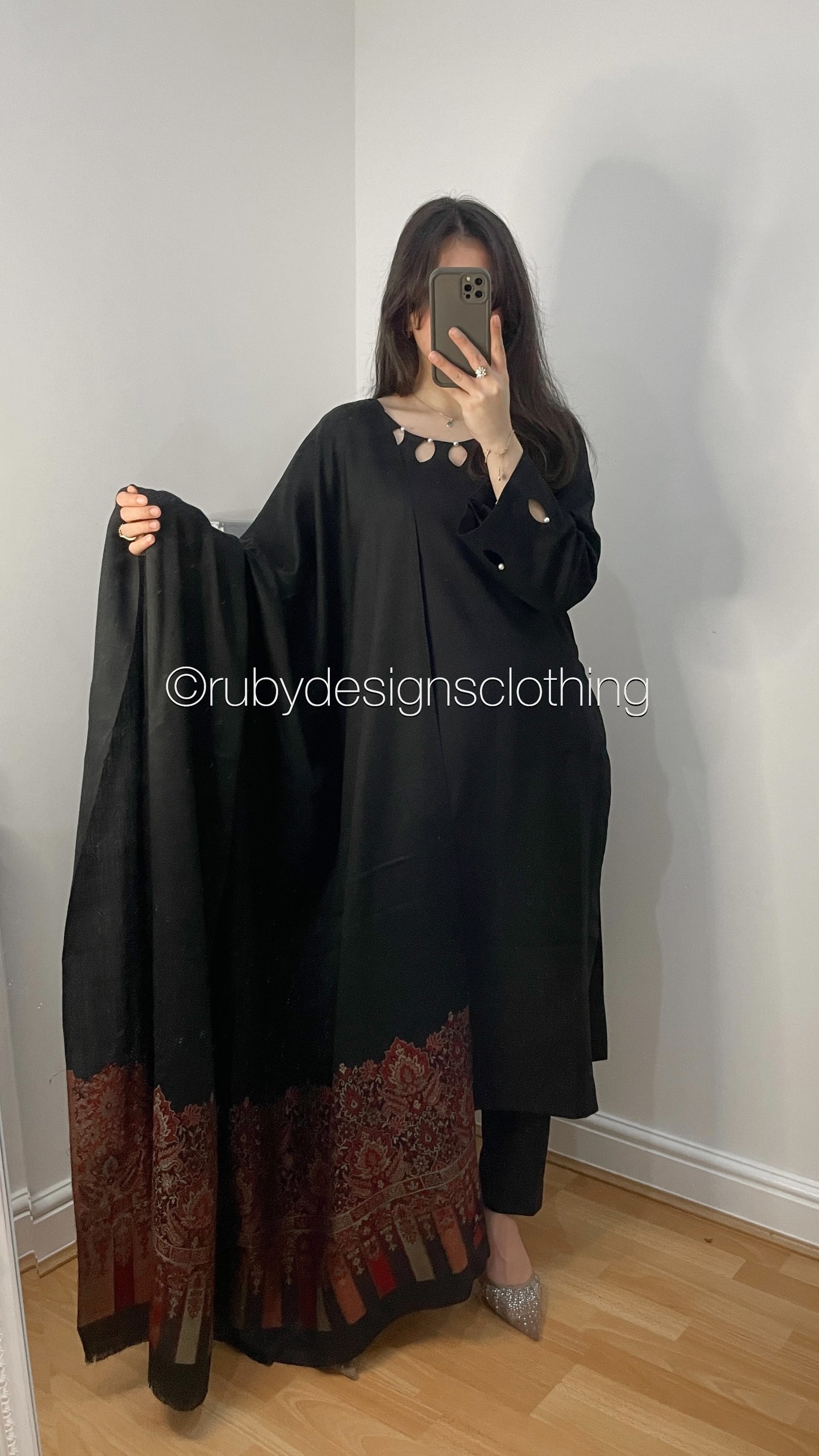 MIRA Black - 3 Piece Linen Suit with Printed Shawl
