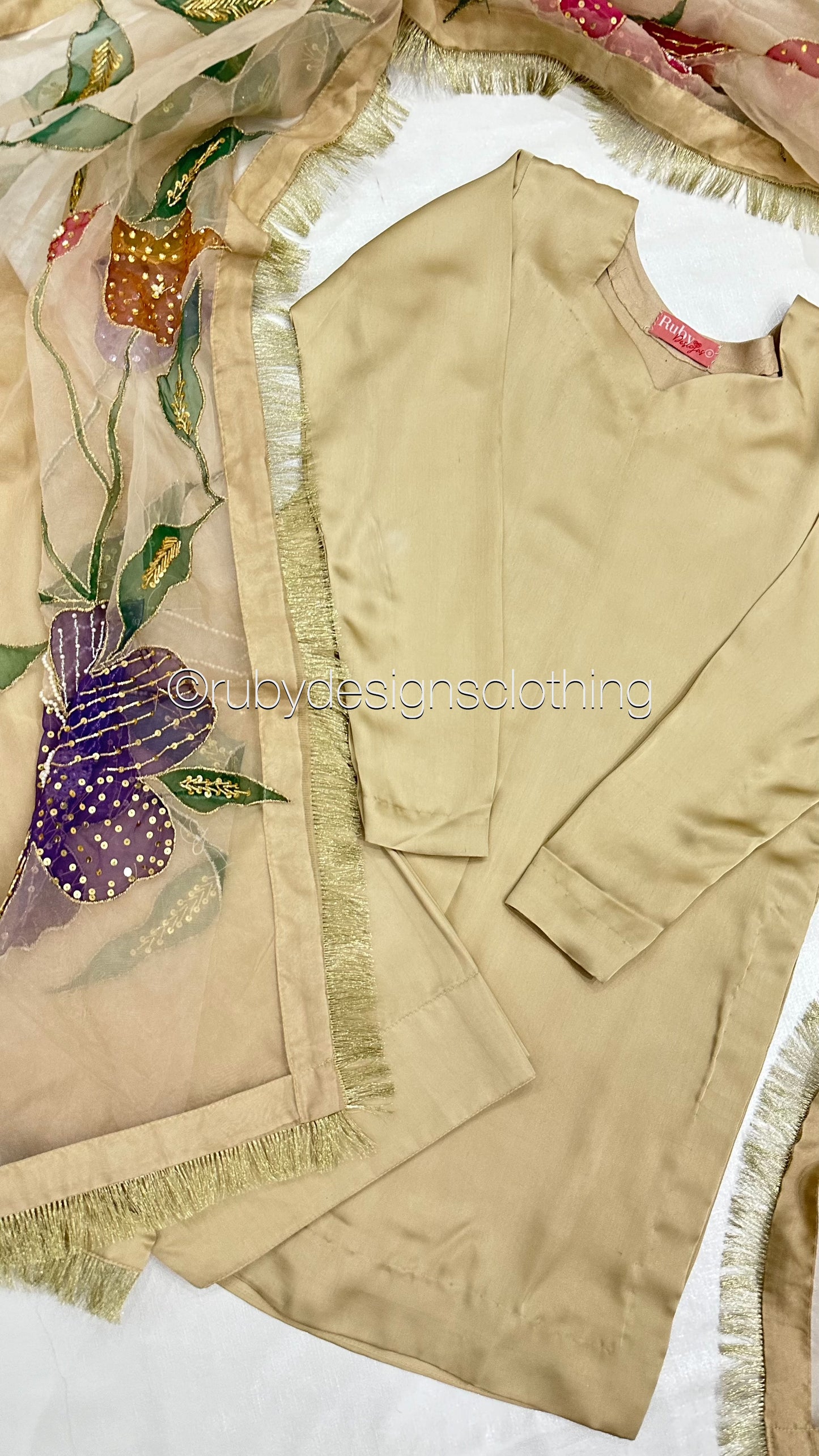 NURA Gold - 3 Piece Luxury Silk Suit with Farshi Shalwar and Hand Painted Dupatta