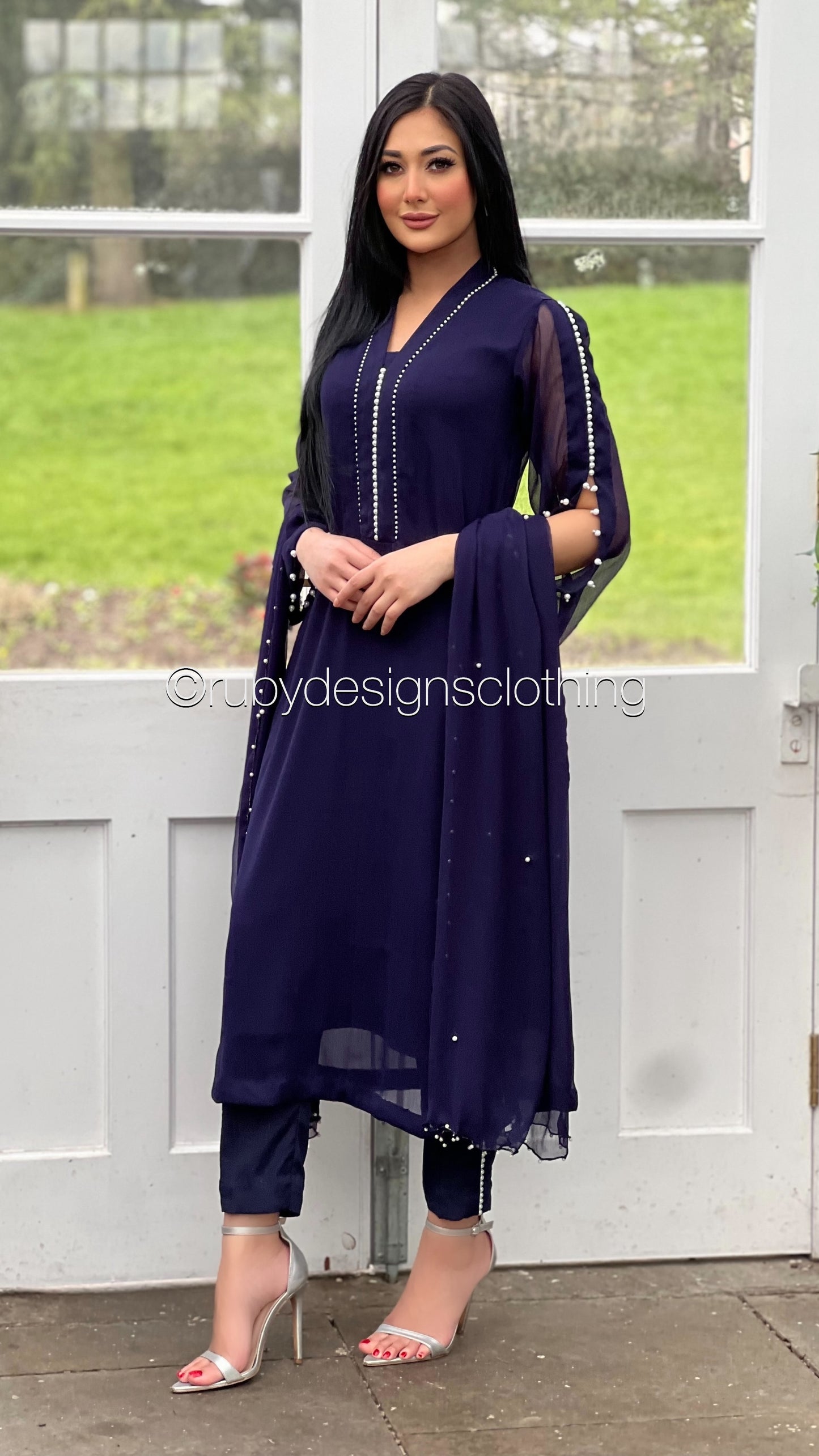 DUA Navy - 3 Piece Navy Chiffon Suit with Chiffon Dupatta and Pearls