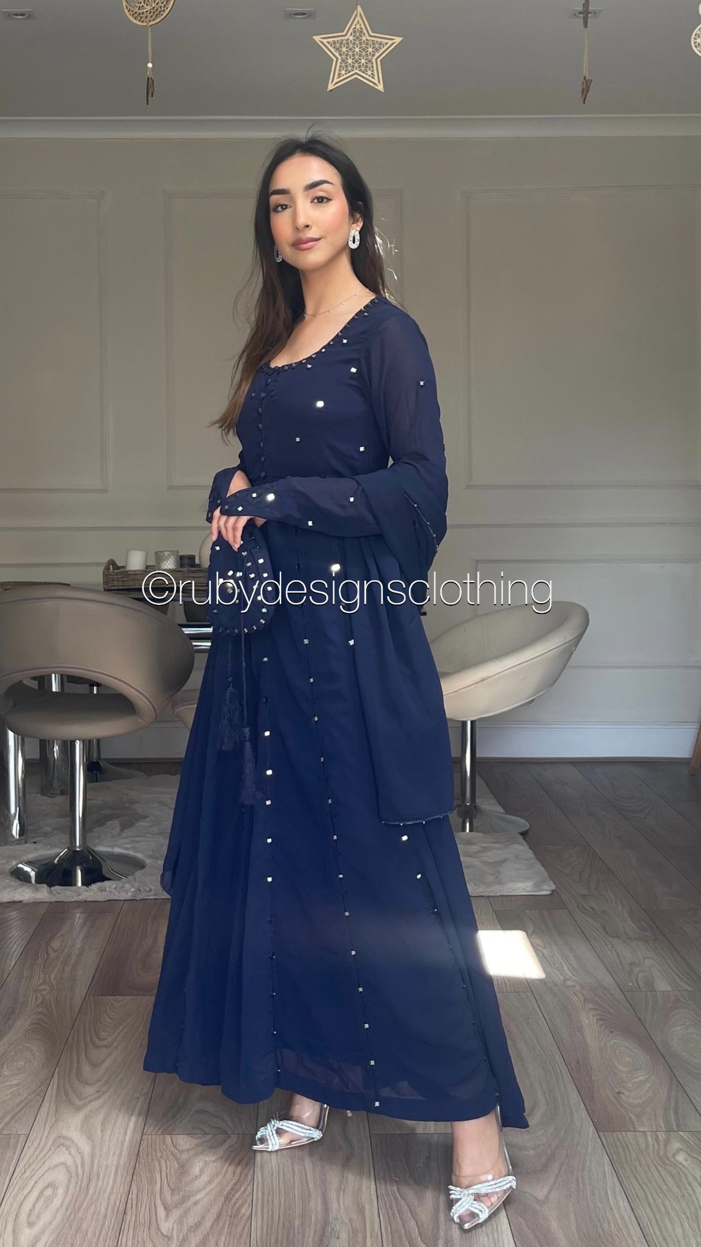 INAARA Navy - 4 Piece Chiffon Dress with Matching Bag (8085046788309)