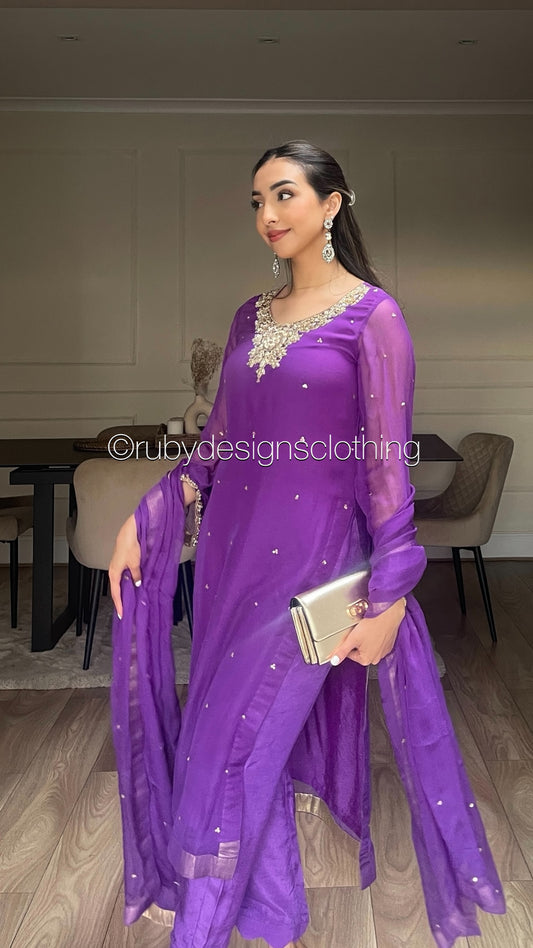 ALVIA Purple - 3 Piece Purple Chiffon Suit with Gold Handwork