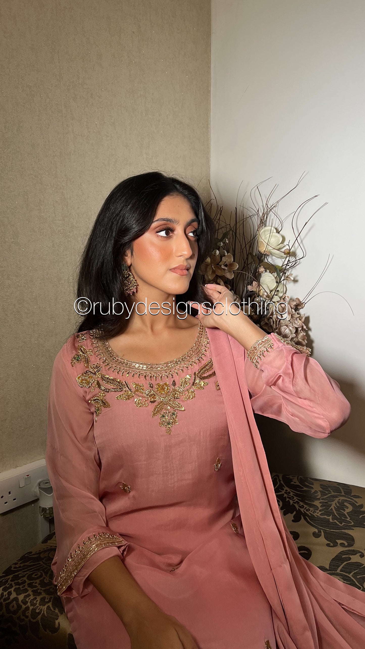 AMBREEN Pink - 4 Piece Chiffon Suit with Gold Handwork