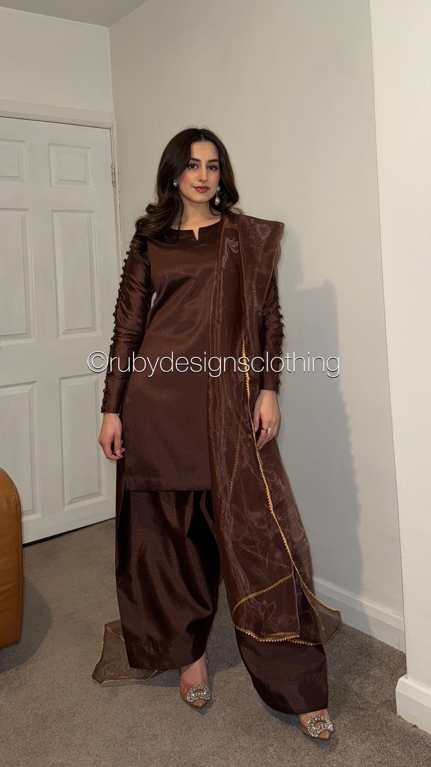MISSING ITEM (TROUSER and SCARF) - ZIMAL Mocha - 3 Piece Silk Suit with Farshi Shalwar