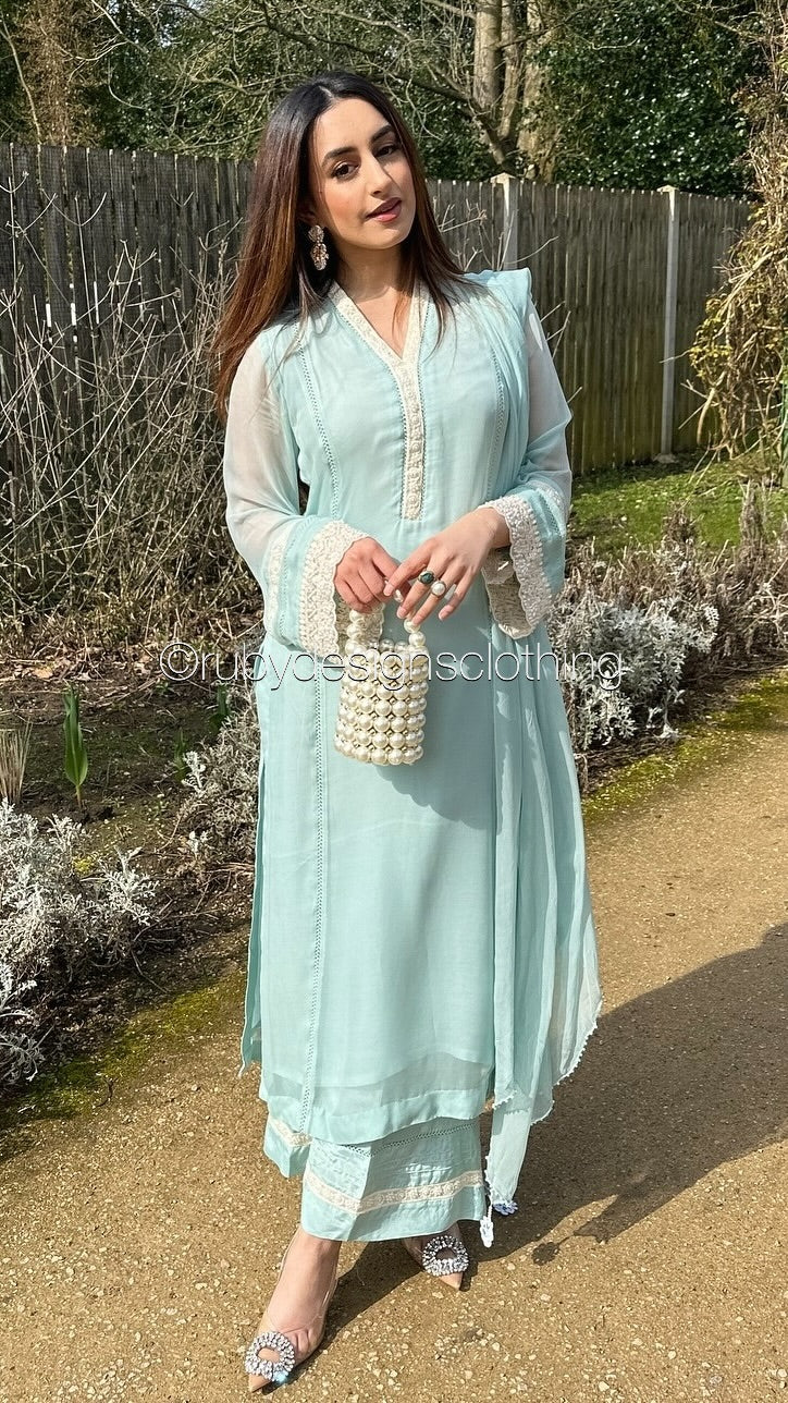 SABREENA- 3 Piece Baby Blue Chiffon Suit with Wide Leg Trouser (8340664058069)