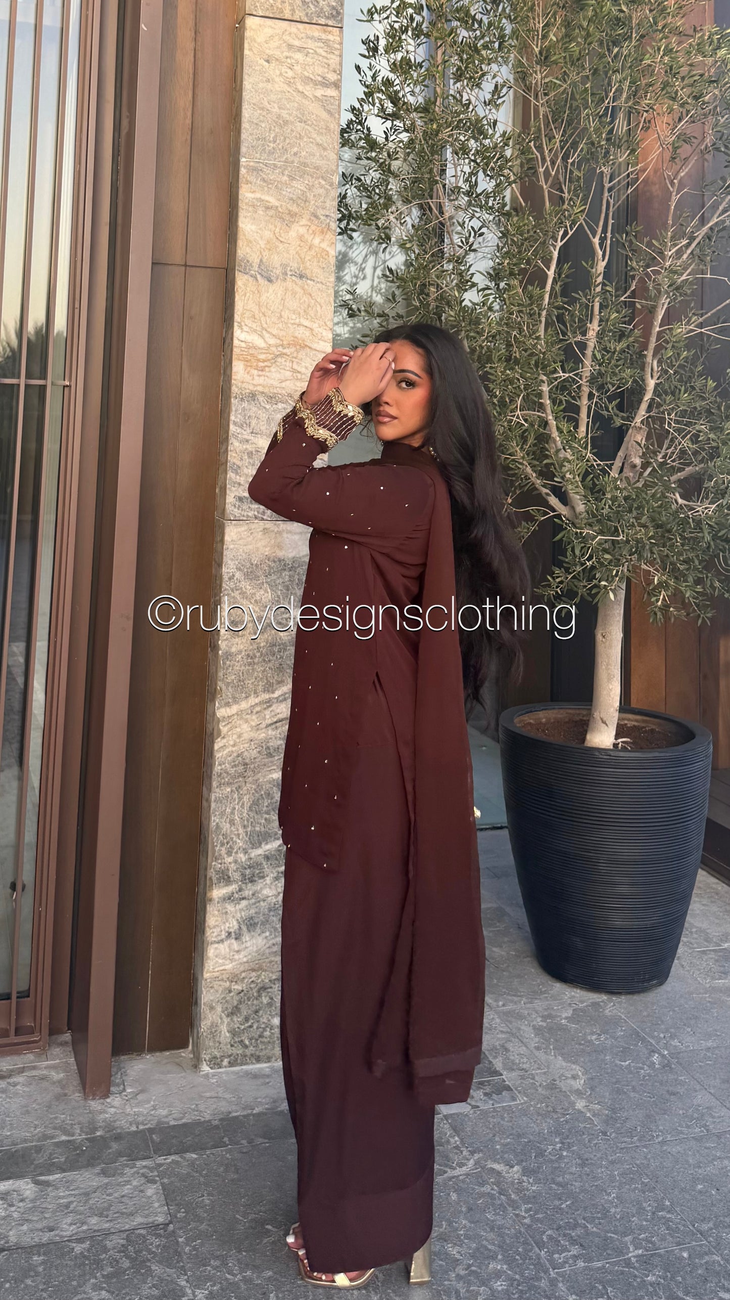 RAHA Mocha - Luxury 3 Piece Chiffon Suit with Farshi Shalwar