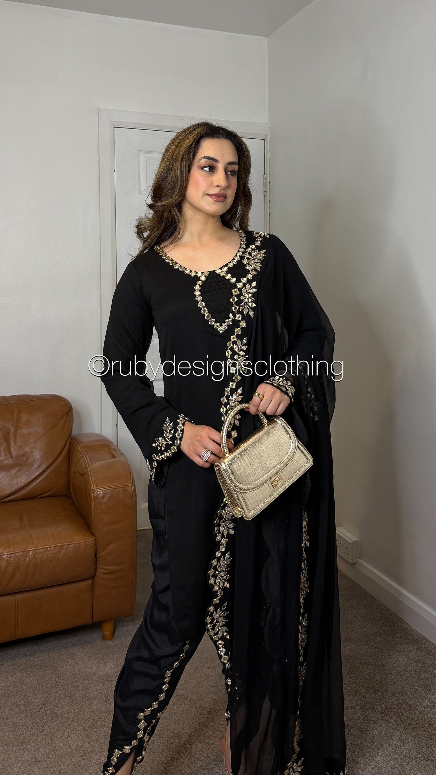 AQSA Noir - 3 Piece Chiffon Suit with Tulip Trouser