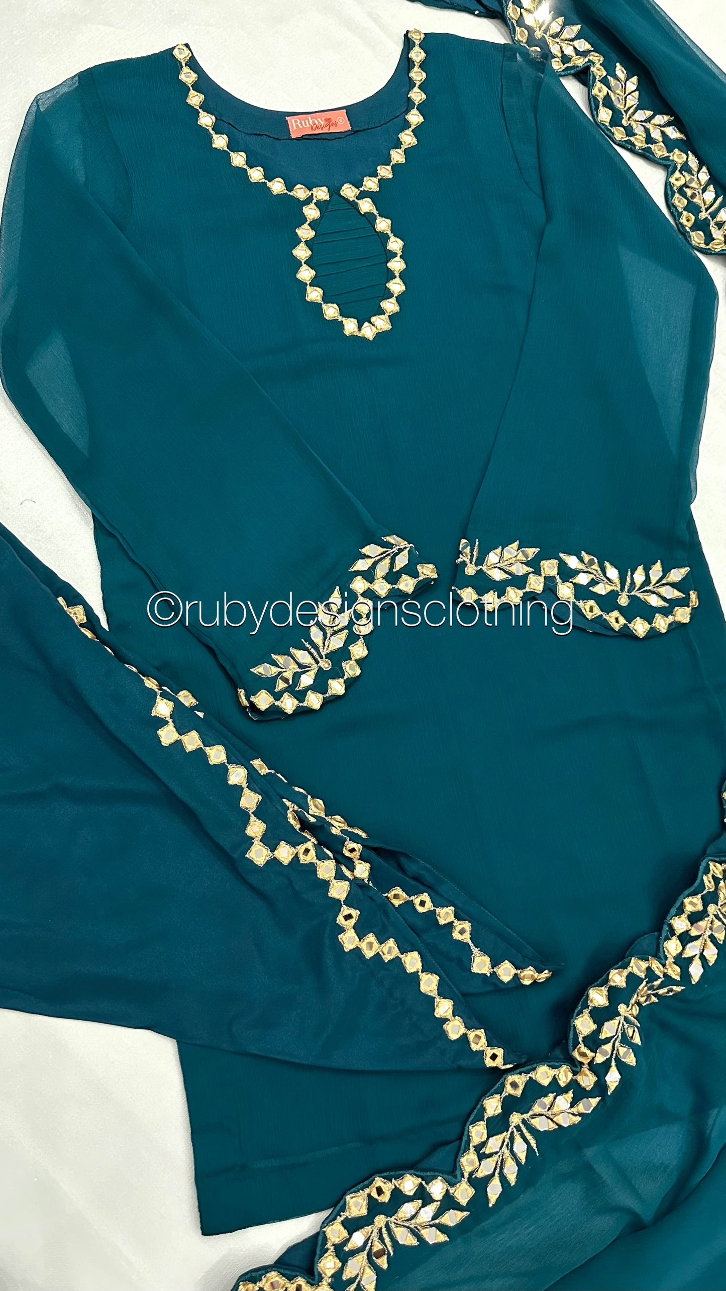 AQSA Teal - 3 Piece Teal Chiffon Suit with Tulip Trouser (8373499429077)