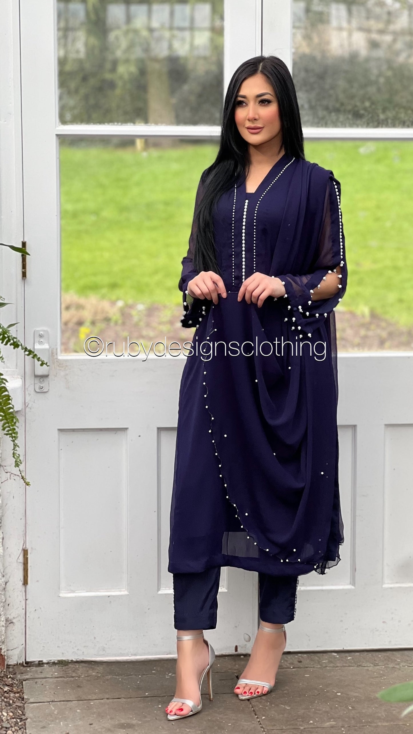 DUA Navy - 3 Piece Navy Chiffon Suit with Chiffon Dupatta and Pearls