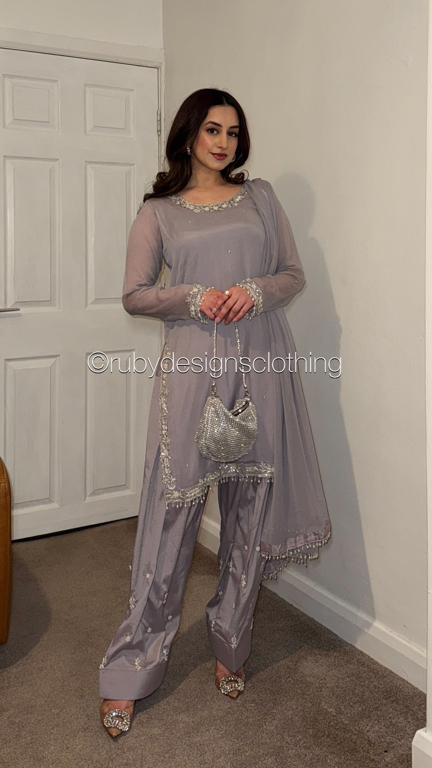 AYRA Dusk - 3 Piece Muted Lilac Chiffon Suit with Farshi Shalwar