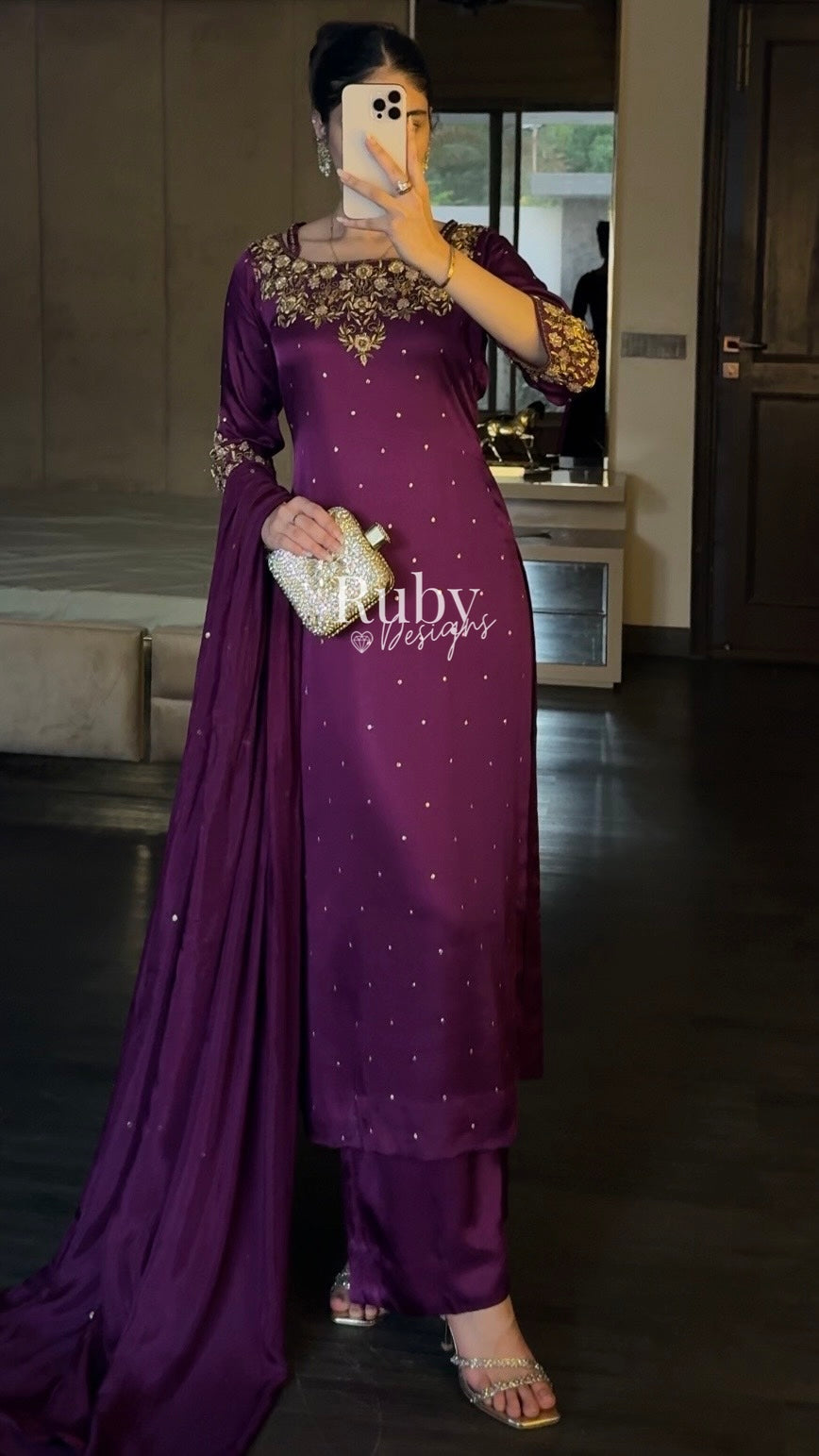 HANIA Plum - 3 Piece Silk Suit with Straight Trouser