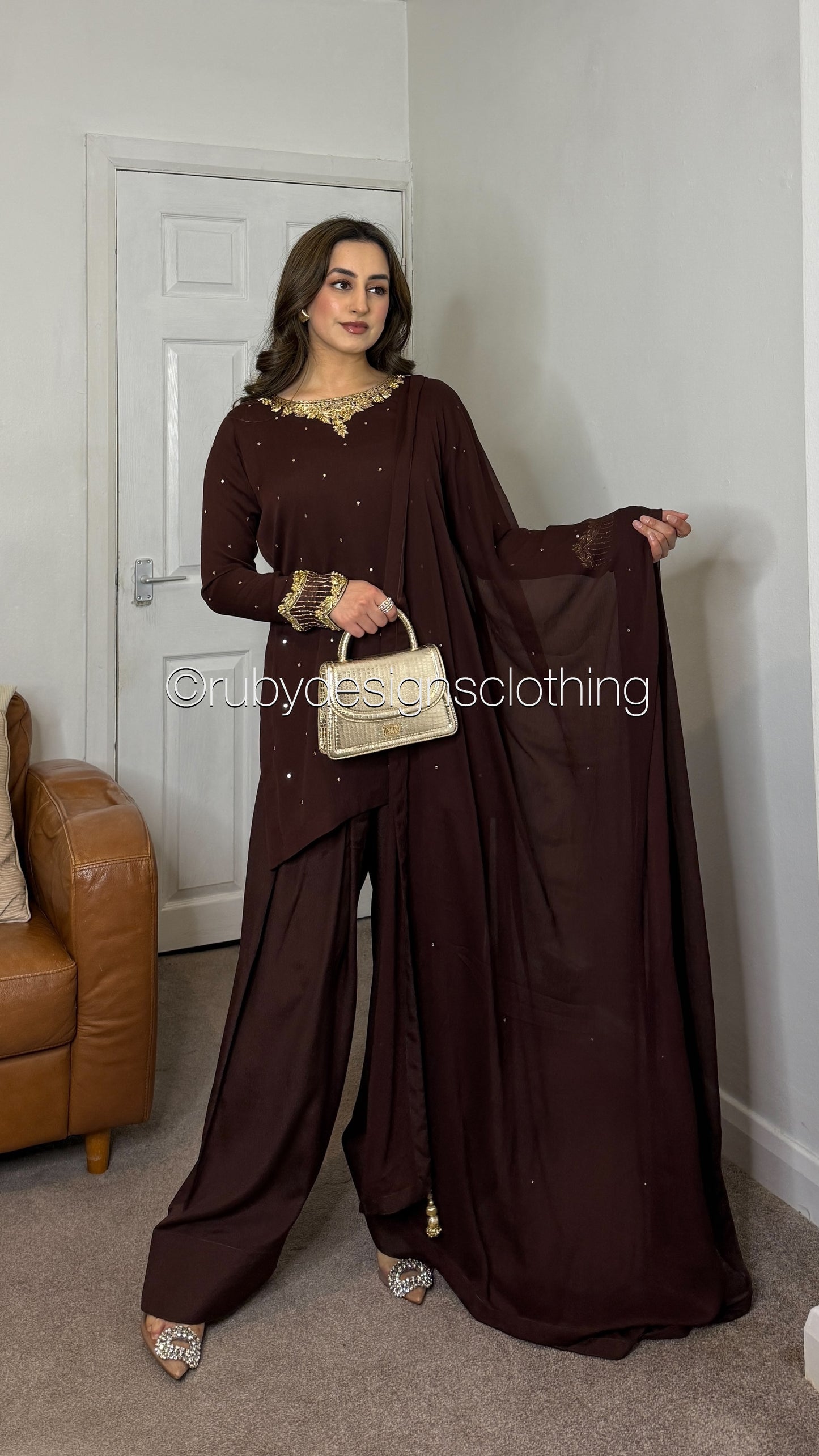 PRE-ORDER RAHA Mocha - Luxury 3 Piece Chiffon Suit with Farshi Shalwar