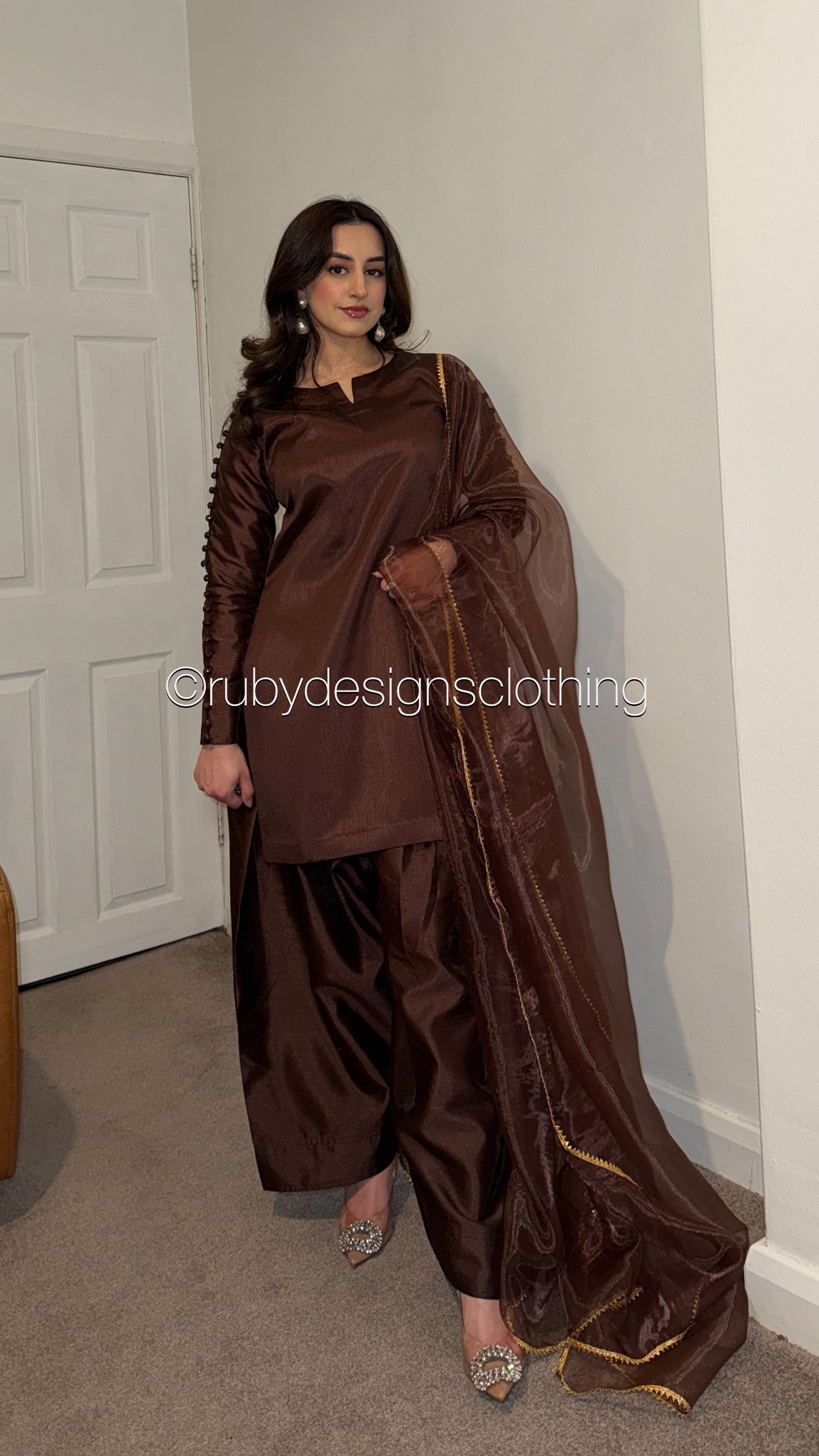 MISSING ITEM (TROUSER and SCARF) - ZIMAL Mocha - 3 Piece Silk Suit with Farshi Shalwar