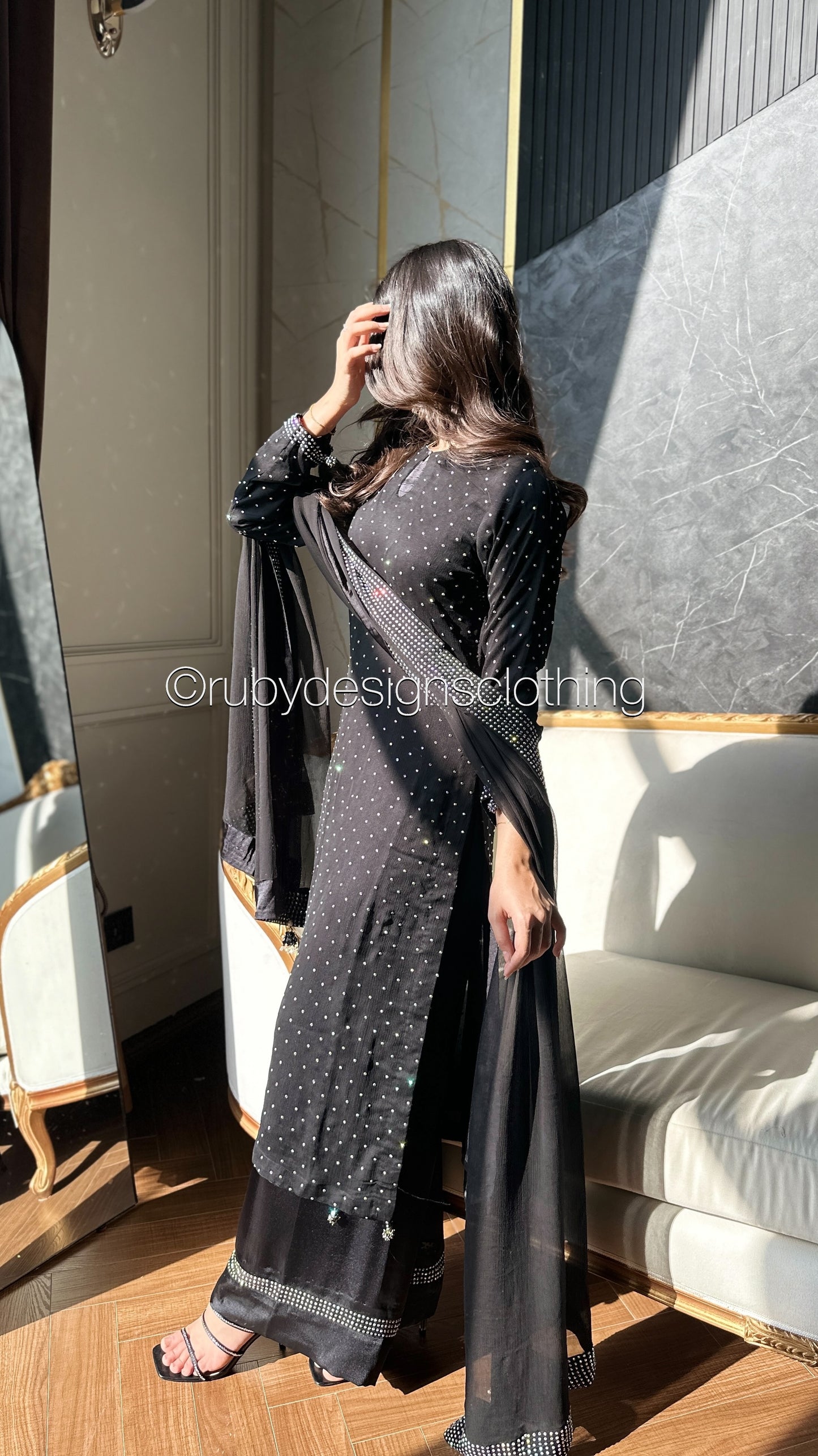 MISSING ITEM (TROUSER and SCARF) - LEENA Noir - 3 Piece Chiffon Suit with Stonework