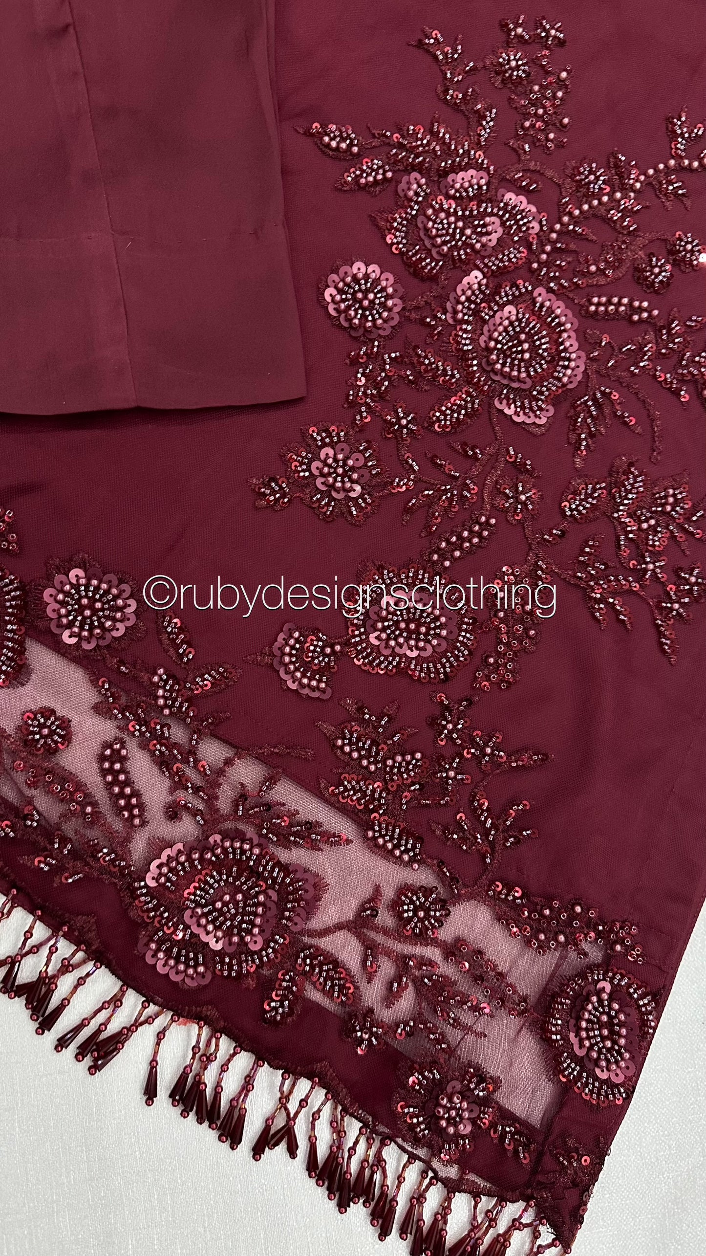 DINA - 3 Piece Deep Red Net Suit with Net Dupatta and Tassels (8301864255701)