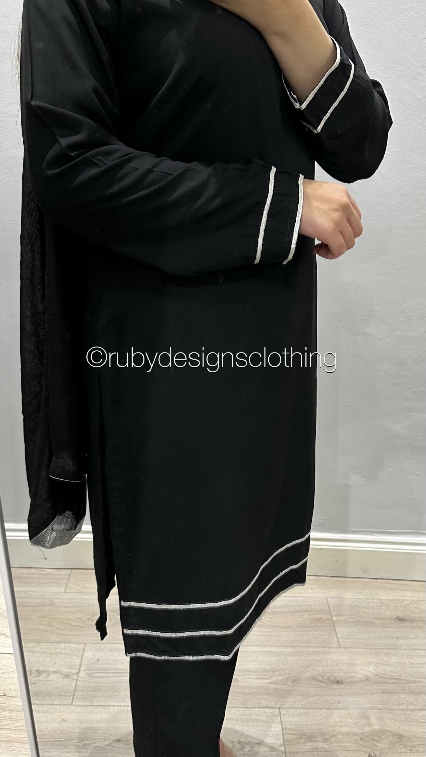 3 Piece Black Linen Suit with V Neck and Silver Border (8746842489045)