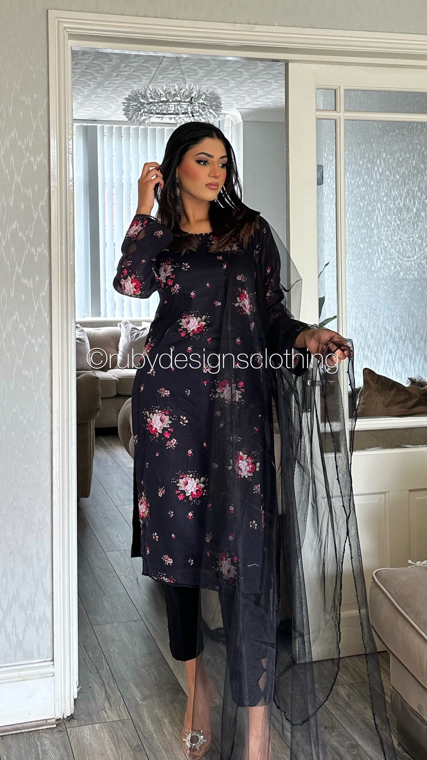 IMAN - 3 Piece Black Floral Print Lawn Suit with Net Dupatta (8090378633429)