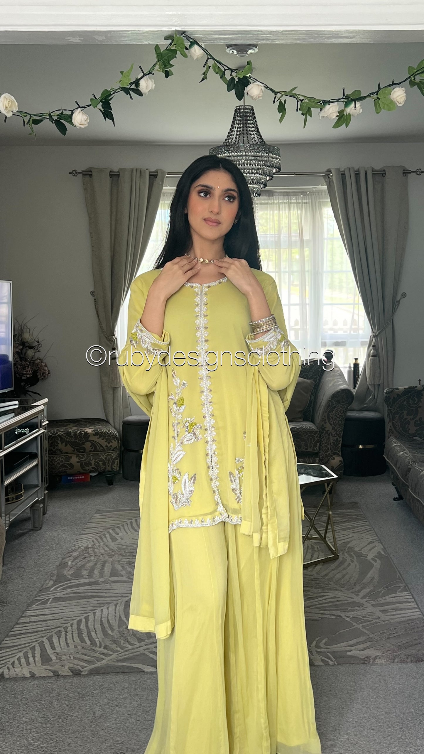 AROOSA Lime - 3 Piece Chiffon Sharara with Handwork (8650121347285)
