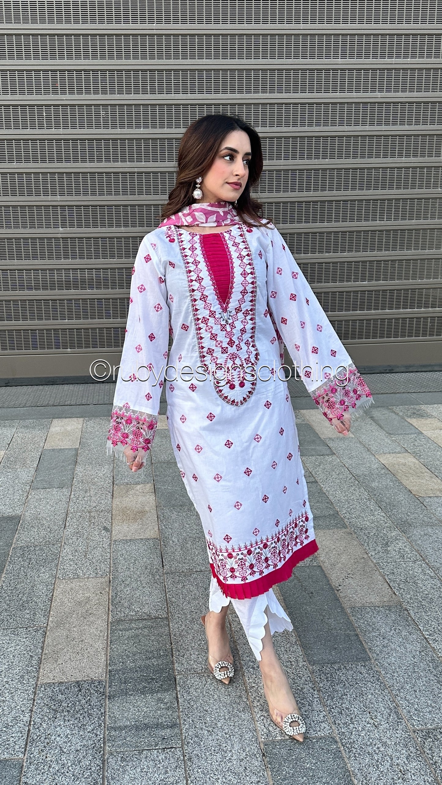 LATIFA - 3 Piece White and Pink Lawn Suit with Silk Dupatta (8583530807509)