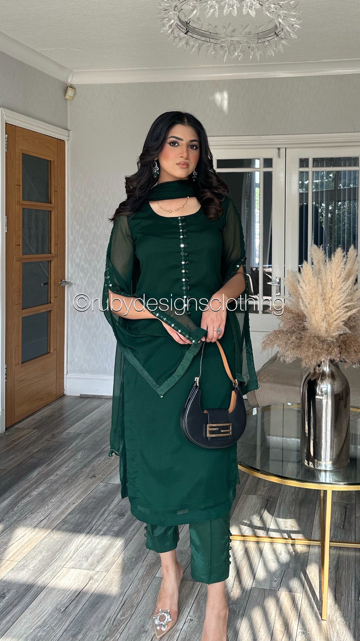 KAYRA Emerald - 3 Piece Emerald Chiffon Suit with Split Sleeve