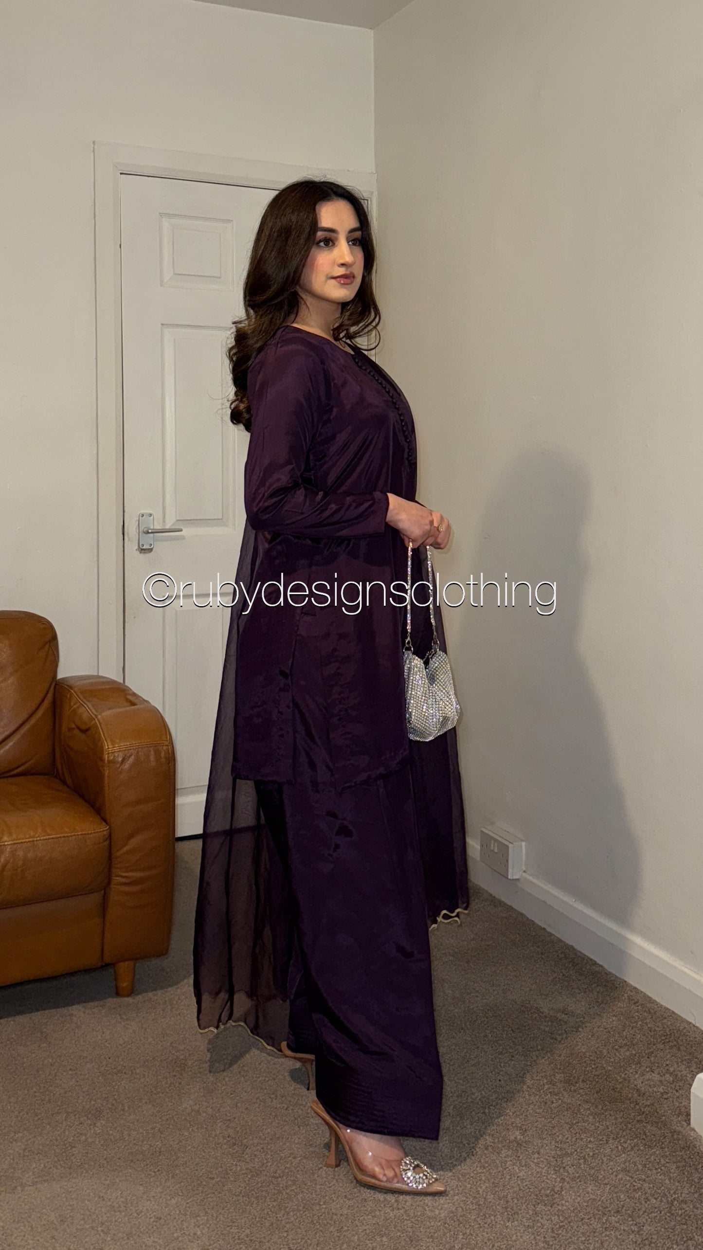 RIMA Plum - 3 Piece Russian Silk Suit with Farshi Shalwar