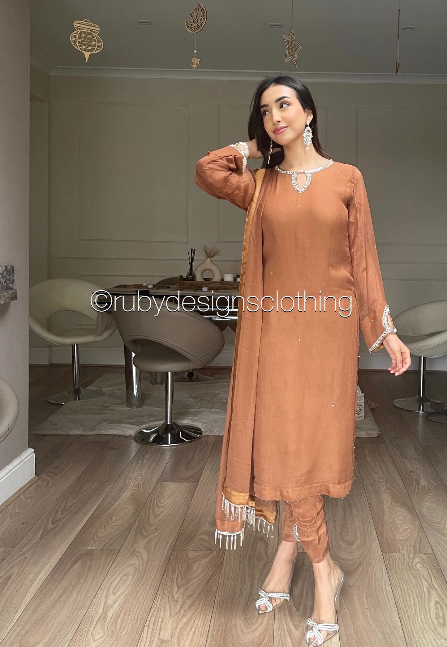 HAYA Caramel - 3 Piece Chiffon Suit with Hand Embellished Neckline (8026580058325)