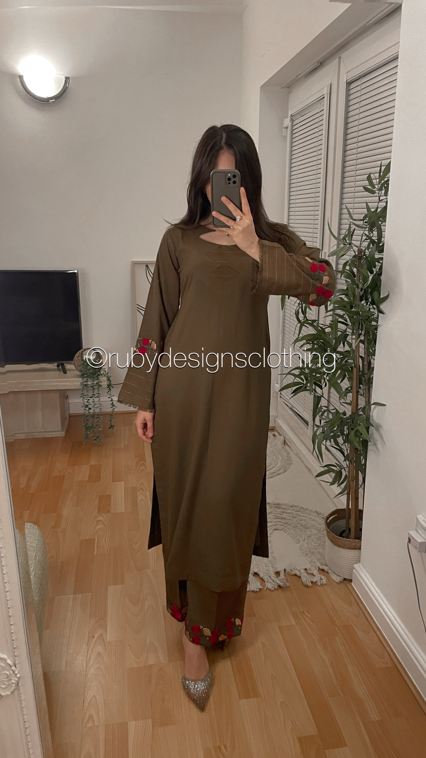 MINA - 3 Piece Khaki Marina Suit with Printed Pashmina Shawl