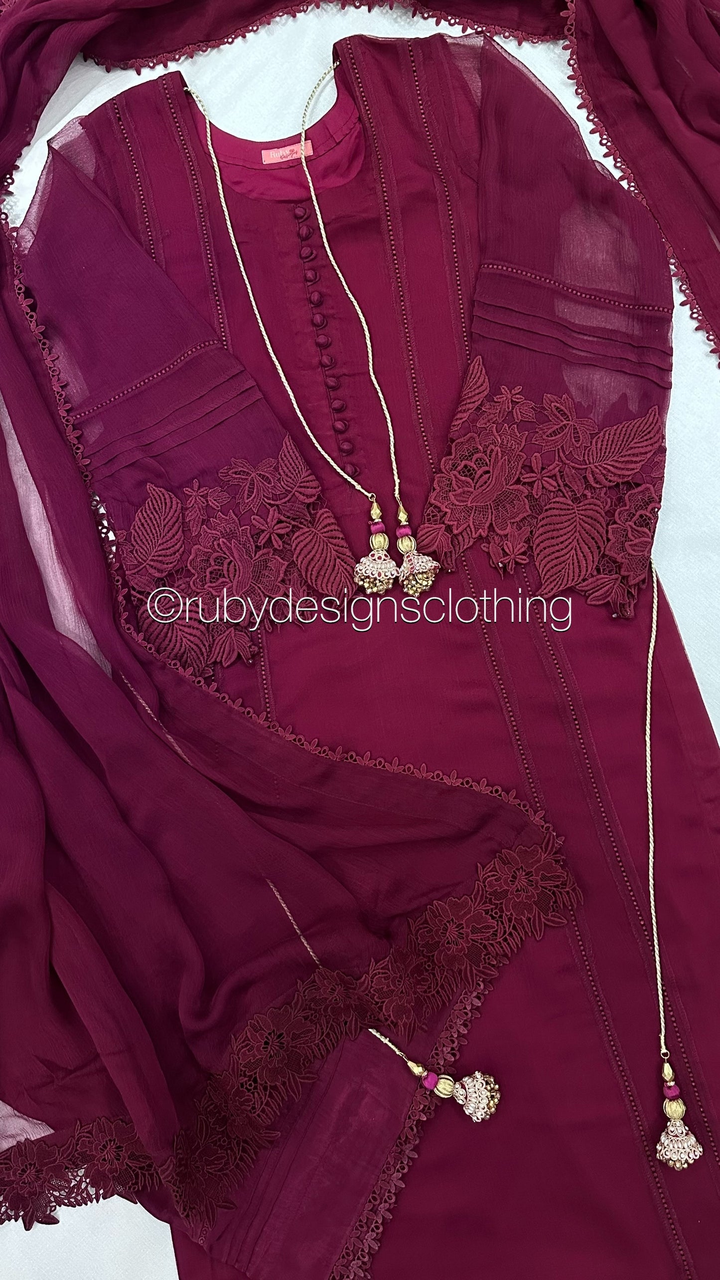 MINHA Berry - 3 Piece Chiffon Suit with Cutwork