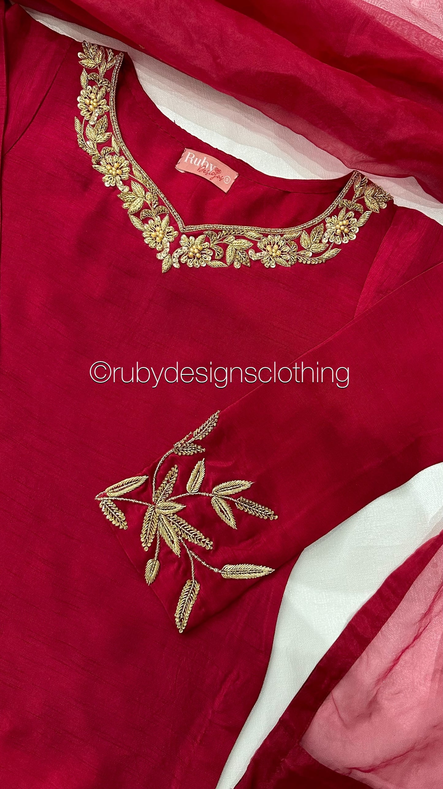 SHAFAQ Ruby - 3 Piece Raw Silk Suit with Farshi Shalwar