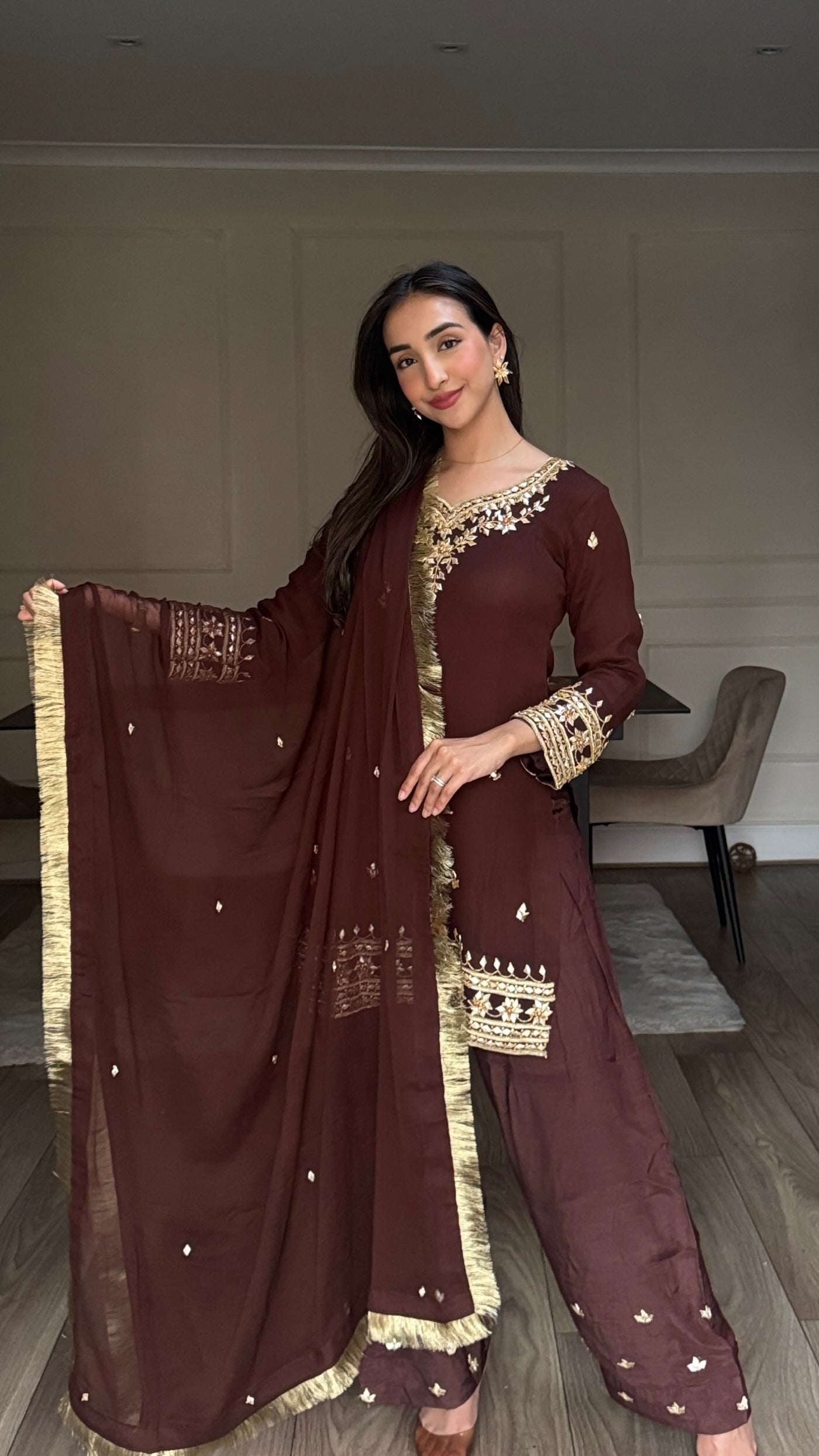 SAJAL Cocoa - 3 Piece Chiffon Suit with Farshi Shalwar and Gota Handwork