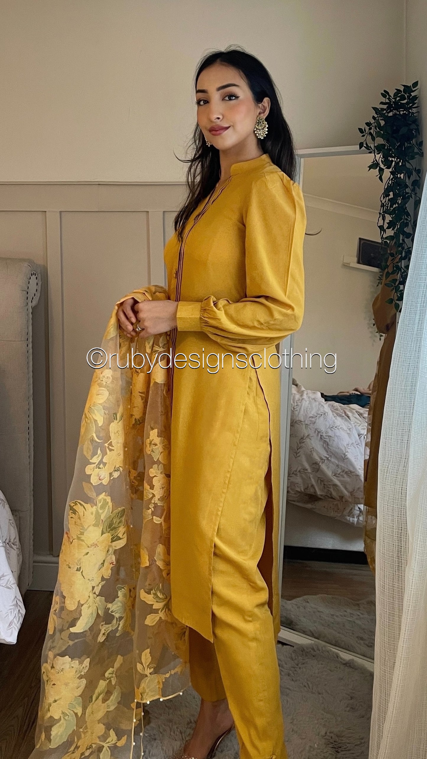 TAHERA- 3 Piece Mustard Linen Suit with Organza Dupatta (8219888353493)