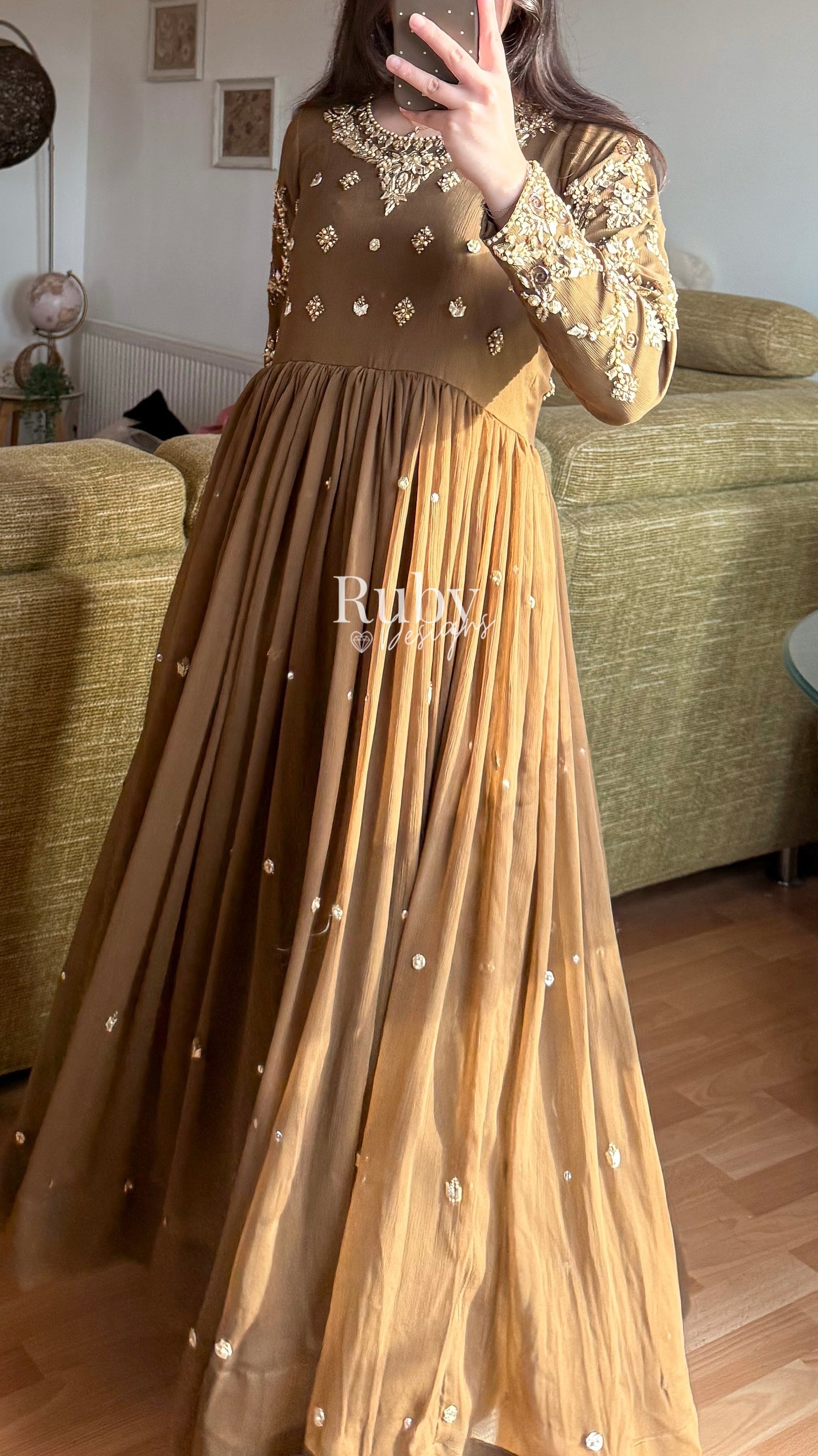 NAYRA Style 1 (Dress) - 3 Piece Khaki Chiffon Dress with Kiran Lace Dupatta and Churidaar Trousers