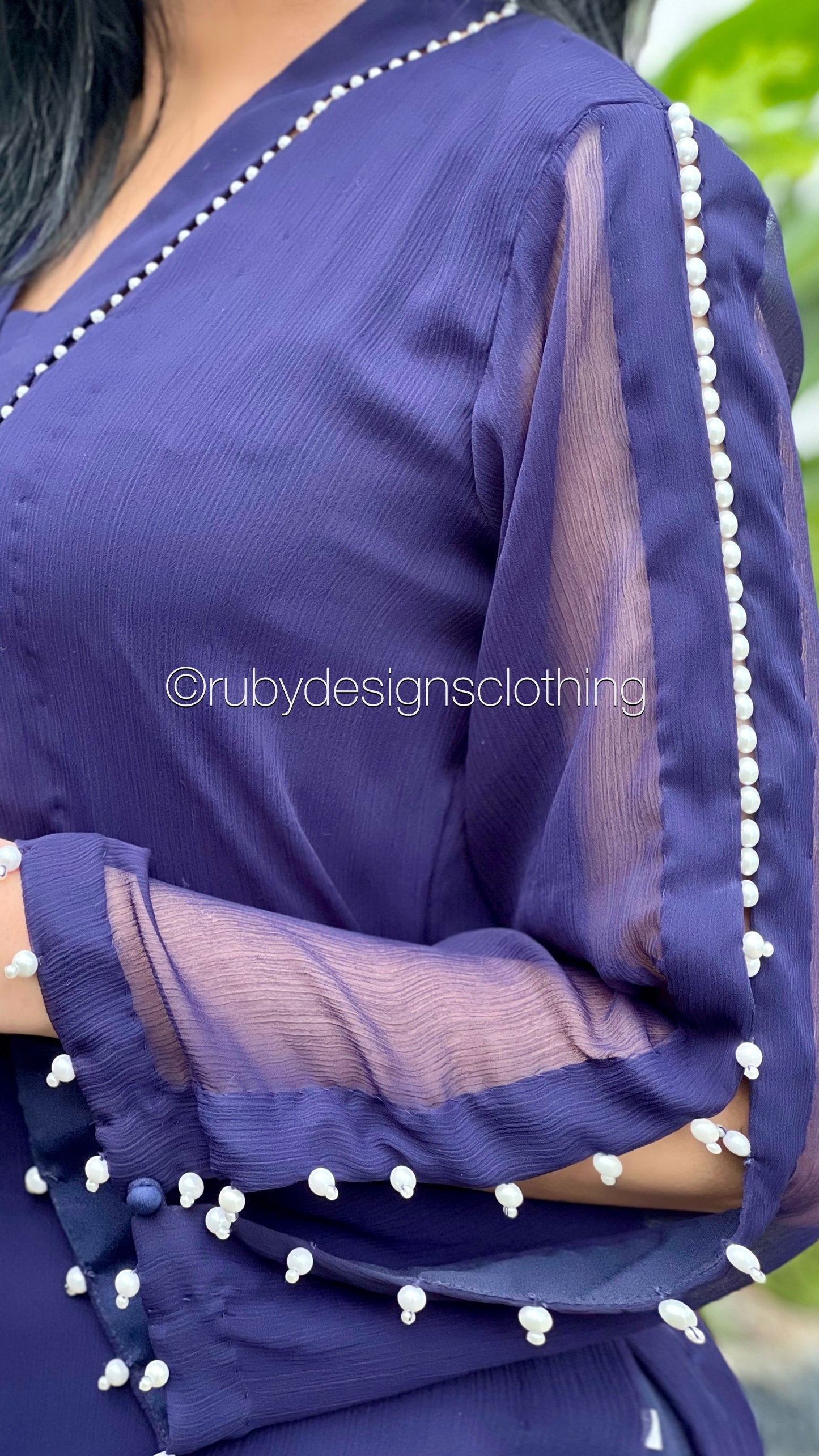 DUA Navy - 3 Piece Navy Chiffon Suit with Chiffon Dupatta and Pearls