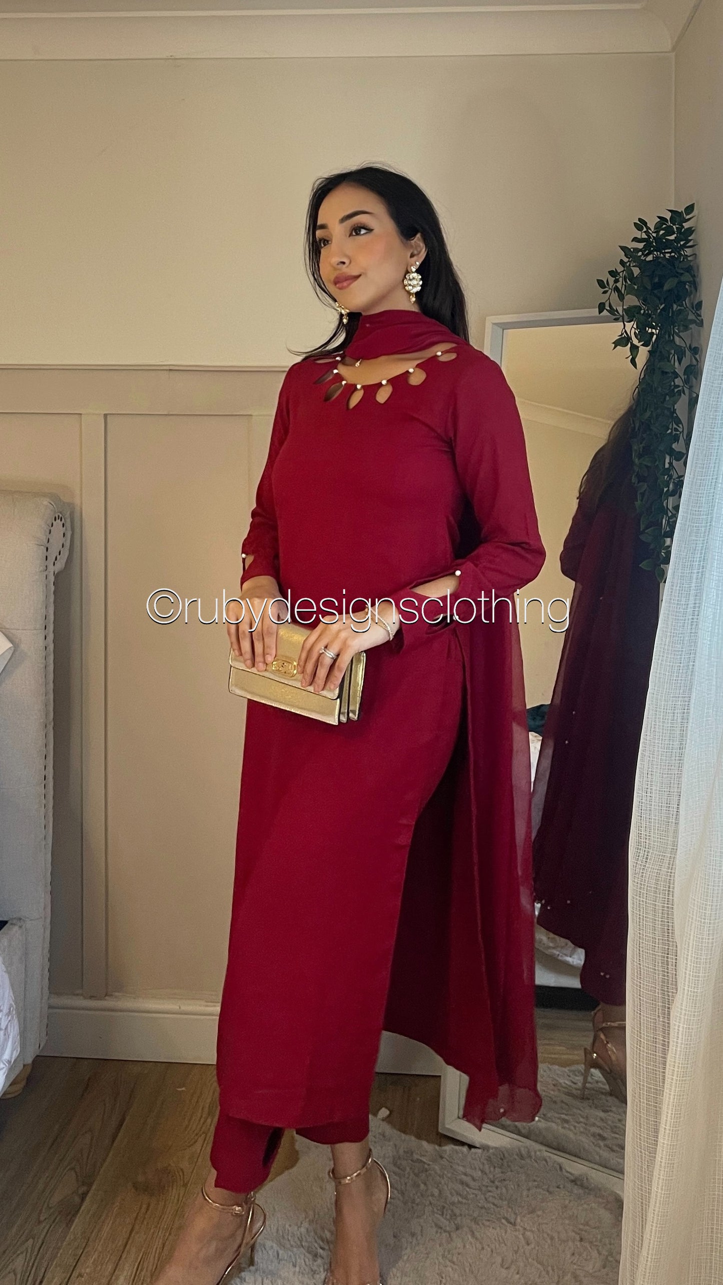 NUHA- 3 Piece Red Linen Suit with Chiffon Dupatta (8219888615637)