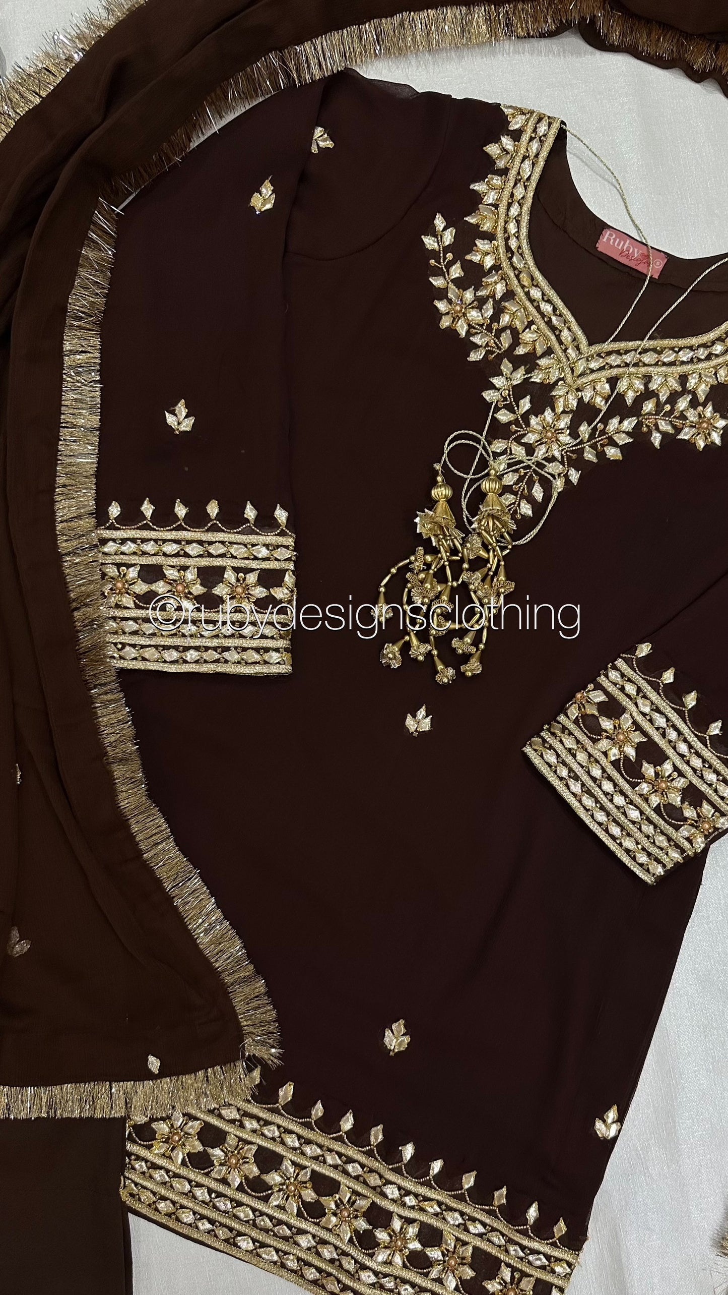 SAJAL Cocoa - 3 Piece Chiffon Suit with Farshi Shalwar and Gota Handwork