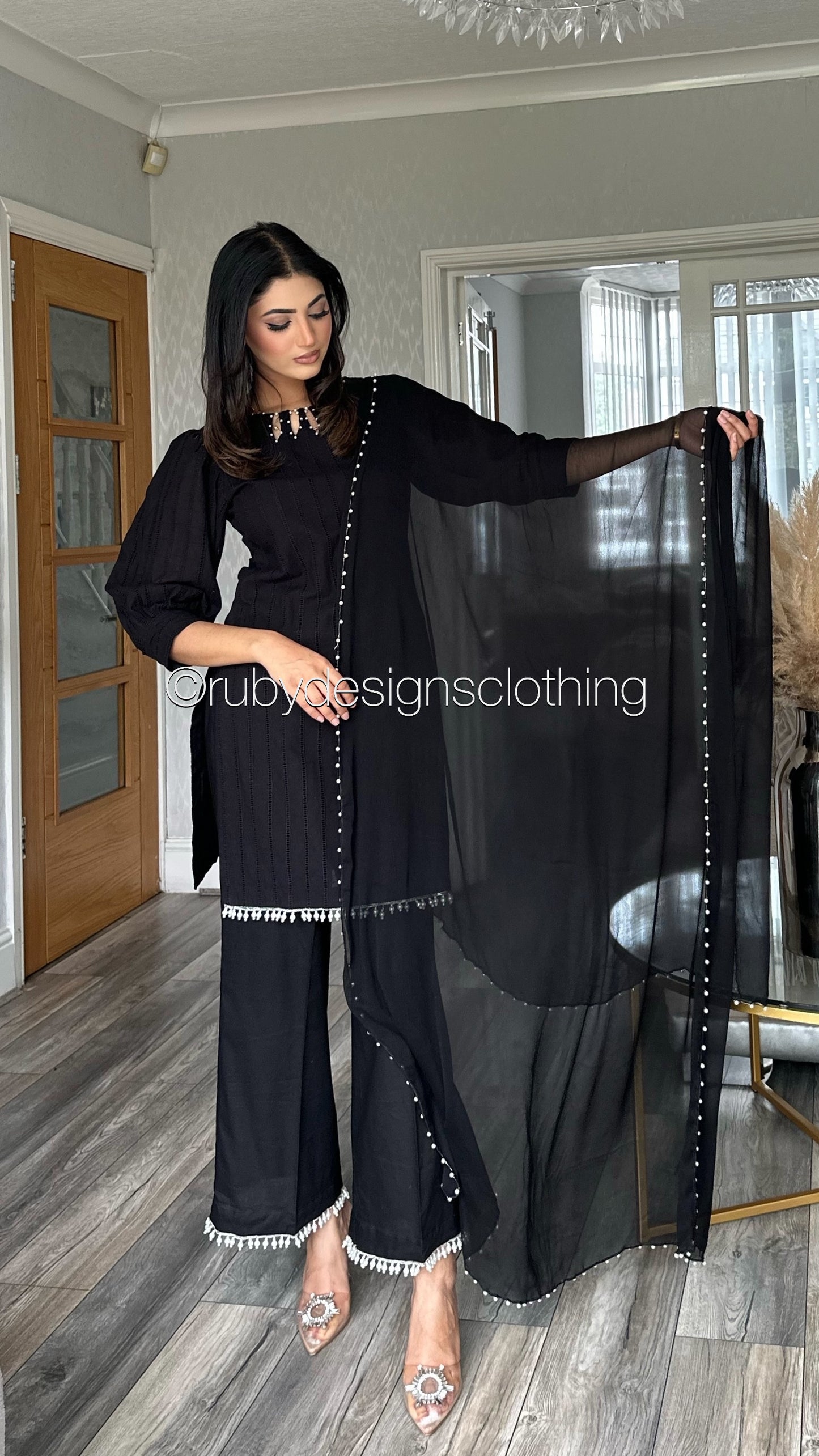 HUSNA - 3 Piece Black Lawn Suit with Pearl Details (8090380599509) (8747900109013)