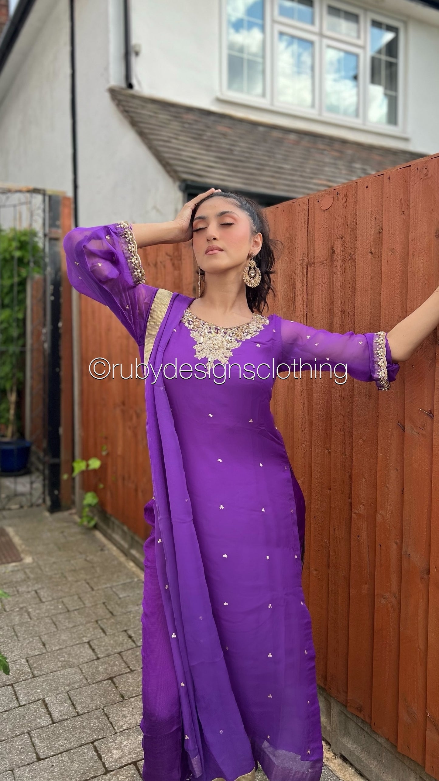 ALVIA Purple - 3 Piece Purple Chiffon Suit with Gold Handwork