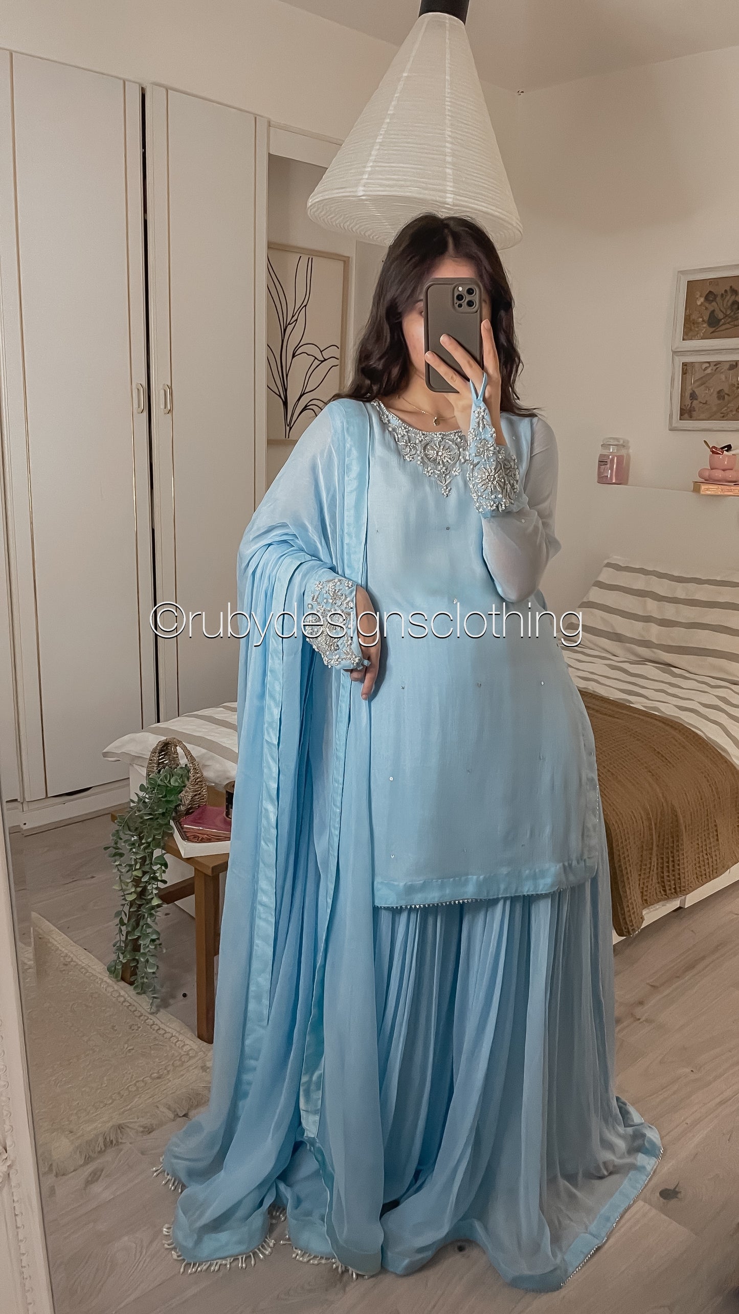 AFREEN - 3 Piece Ice Blue Chiffon Sharara with Silver Handwork (8340662386901) (8748158943445)