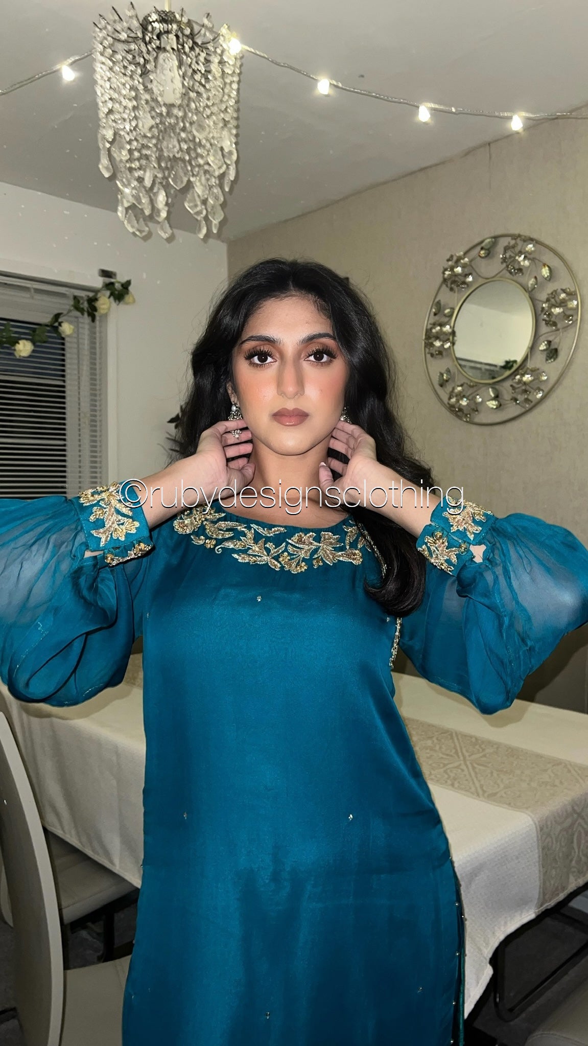 ANEEQA Teal - 4 Piece Chiffon Suit with Gold Handwork (8013104775381)