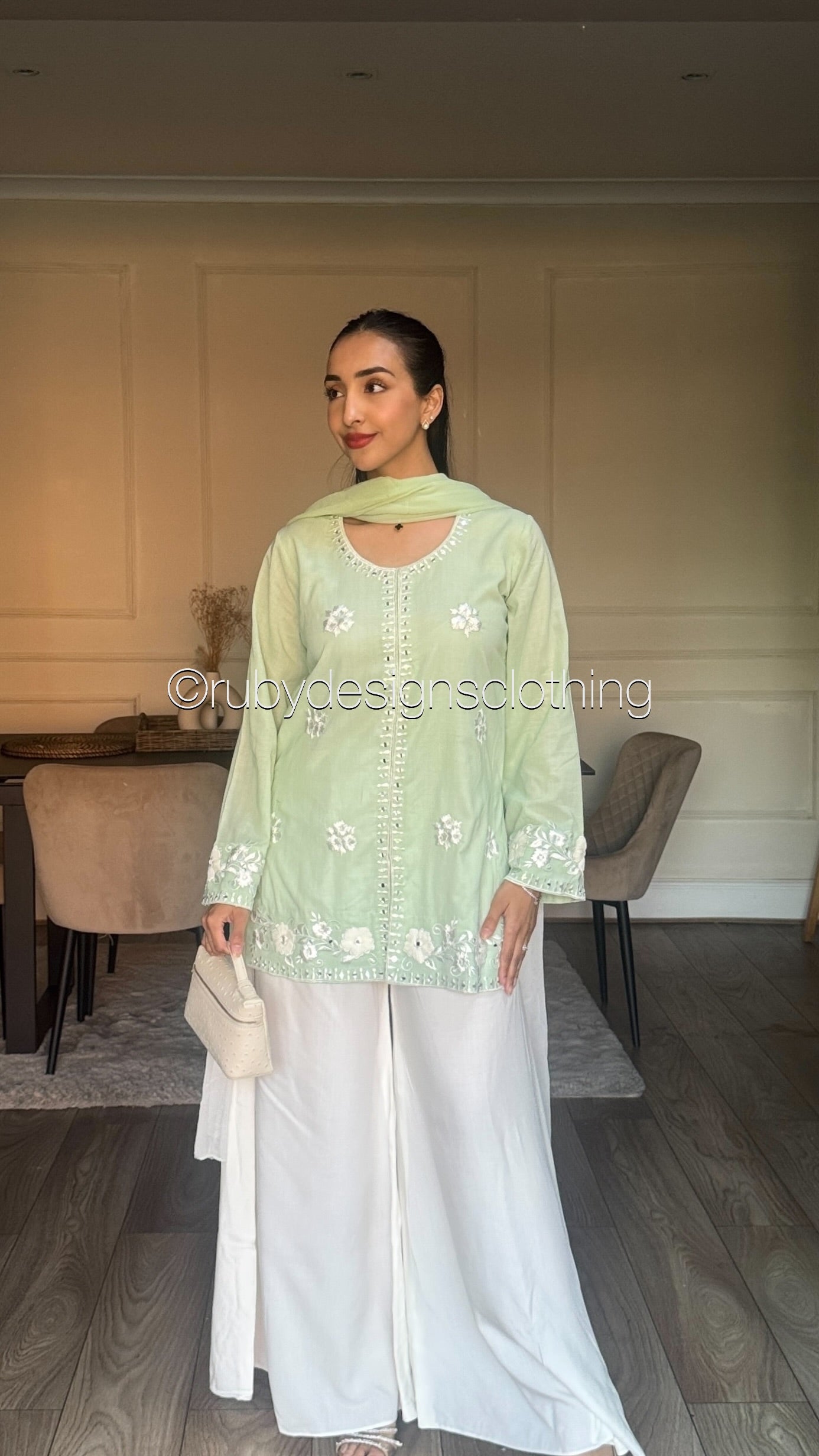 RAYA Mint - 3 Piece Swiss Lawn Suit with Flowy Wide-Leg Pants