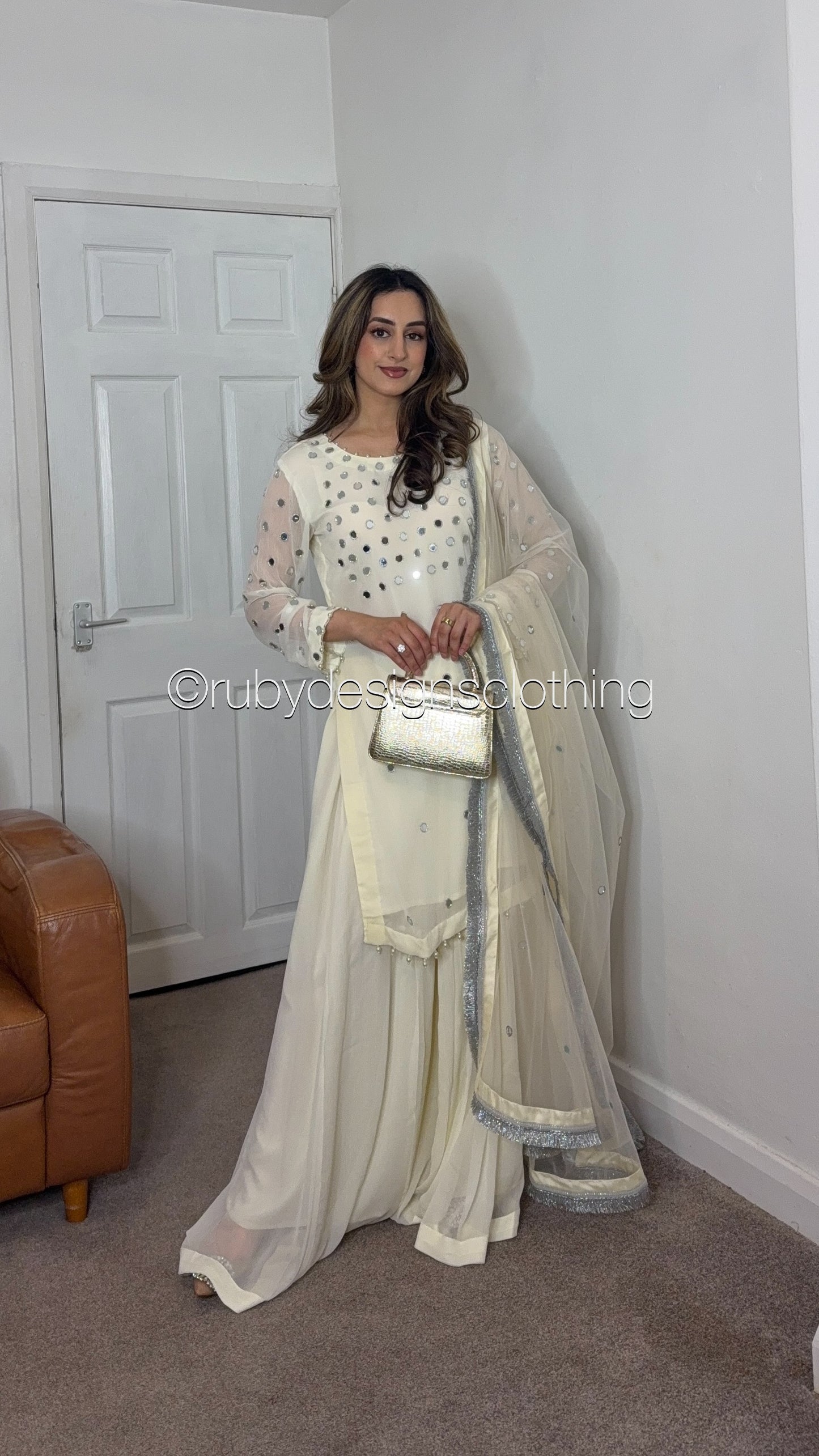 AMREEN Pearl - EXCLUSIVE 3 Piece Chiffon Sharara with Mirror Work