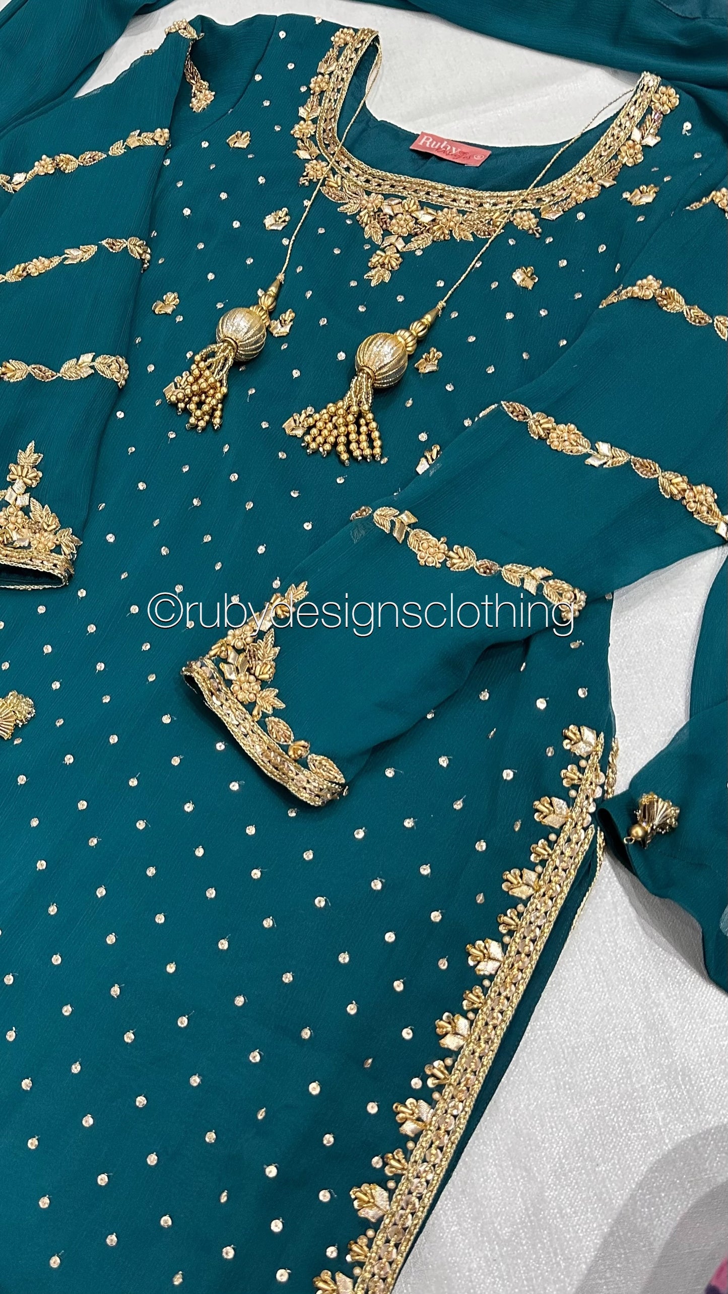 ZAREEN Teal - Luxury 3 Piece Chiffon Suit with Gold Handwork