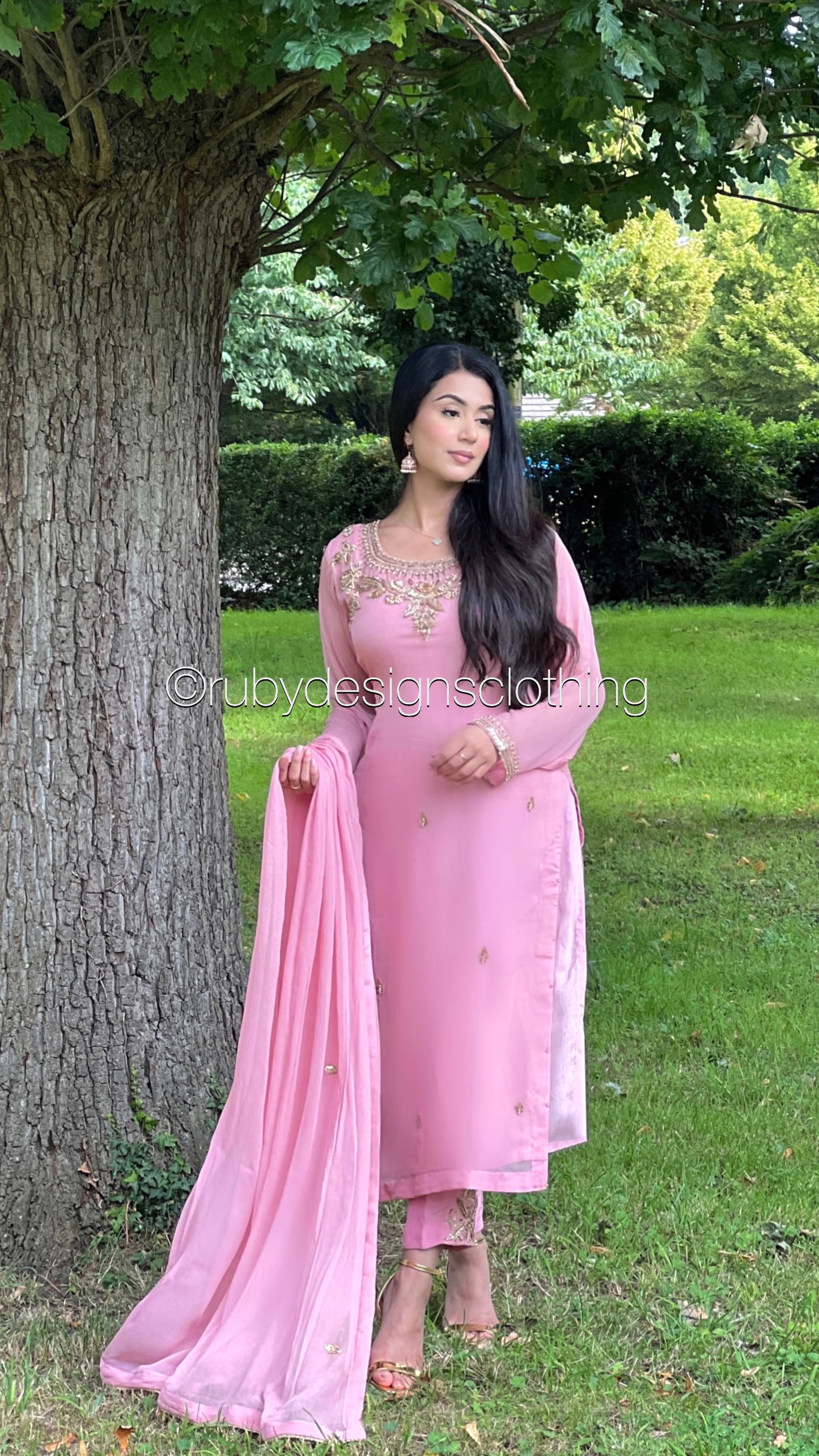 AMBREEN Pink - 4 Piece Chiffon Suit with Gold Handwork