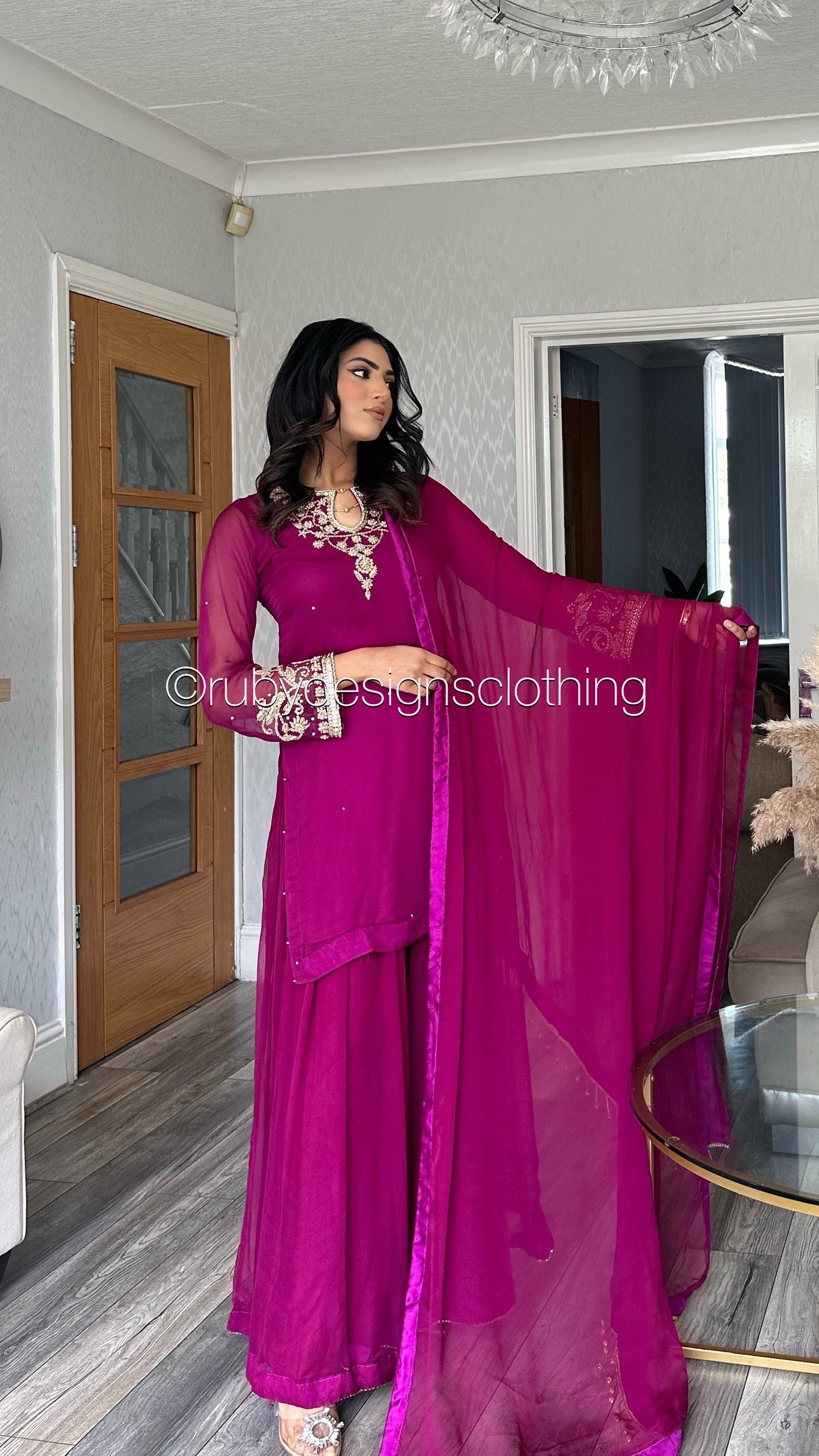 PRE-ORDER ZAINA - 3 Piece Deep Magenta Chiffon Sharara with Gold Handwork (8158985519317)