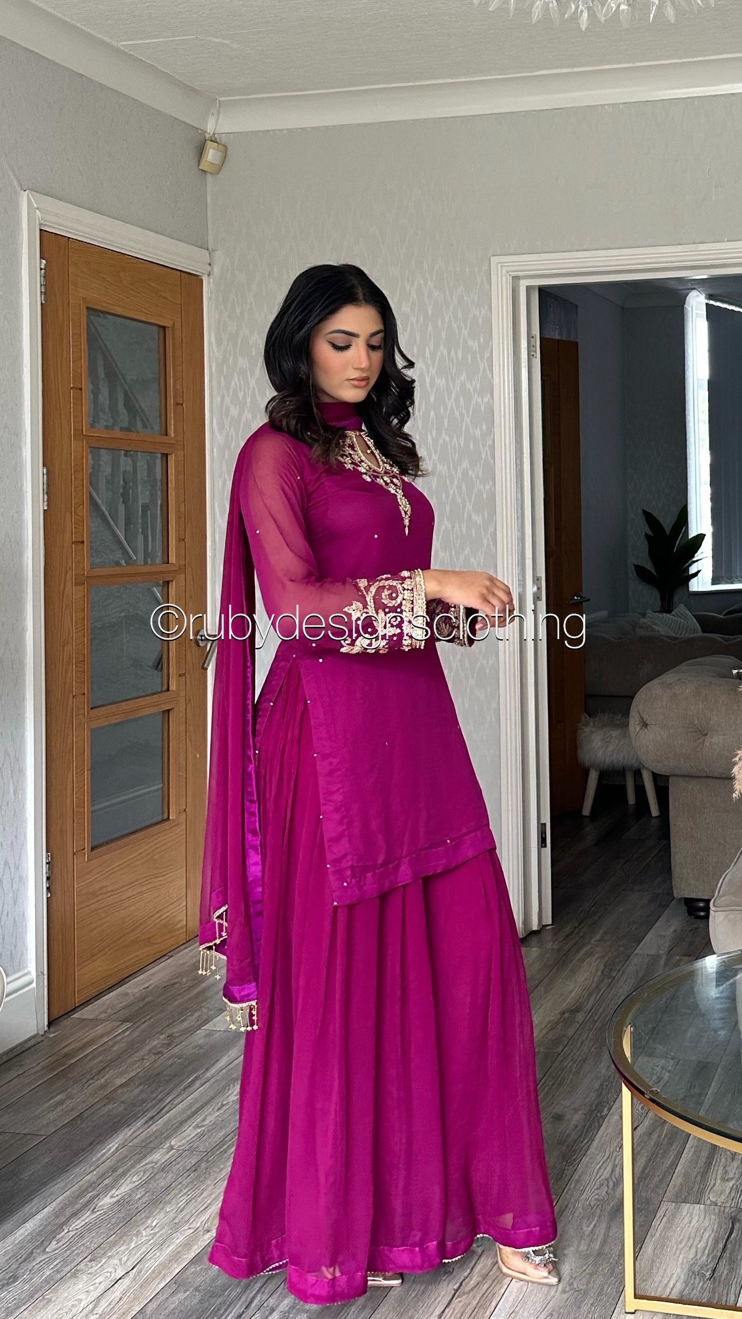 PRE-ORDER ZAINA - 3 Piece Deep Magenta Chiffon Sharara with Gold Handwork (8158985519317)