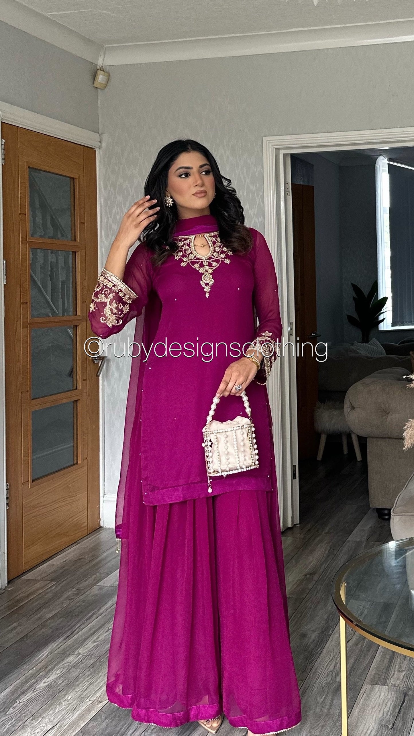 PRE-ORDER ZAINA - 3 Piece Deep Magenta Chiffon Sharara with Gold Handwork (8158985519317)