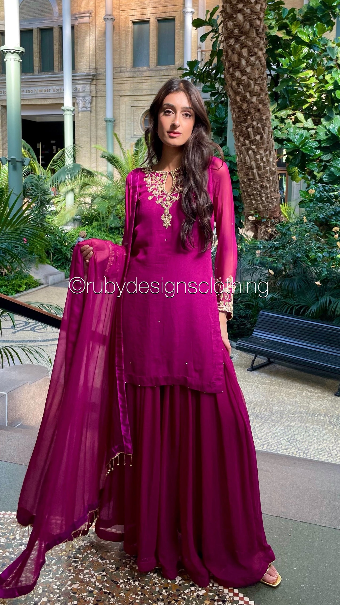 PRE-ORDER ZAINA - 3 Piece Deep Magenta Chiffon Sharara with Gold Handwork (8158985519317)