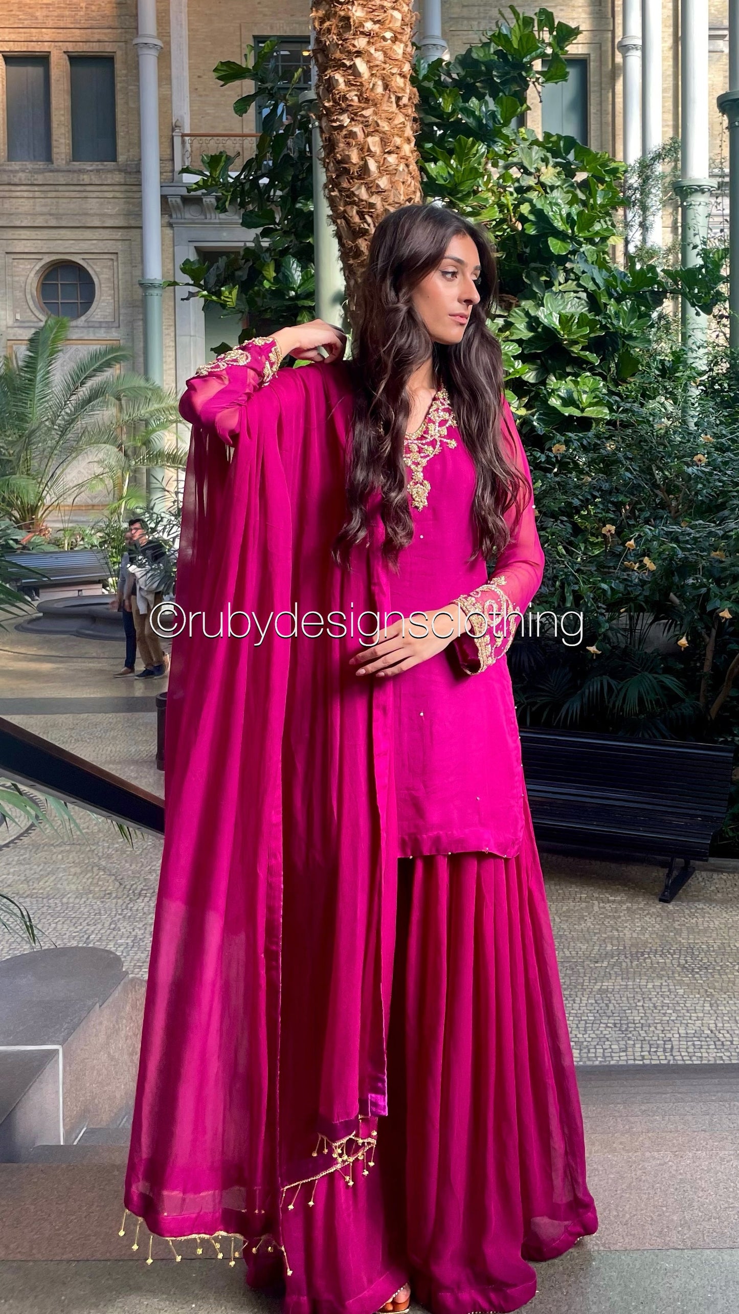 PRE-ORDER ZAINA - 3 Piece Deep Magenta Chiffon Sharara with Gold Handwork (8158985519317)