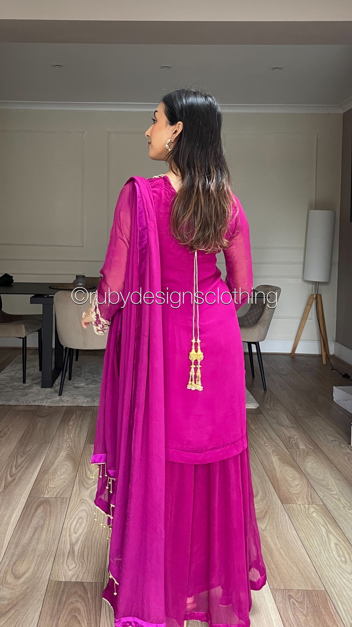 PRE-ORDER ZAINA - 3 Piece Deep Magenta Chiffon Sharara with Gold Handwork (8158985519317)