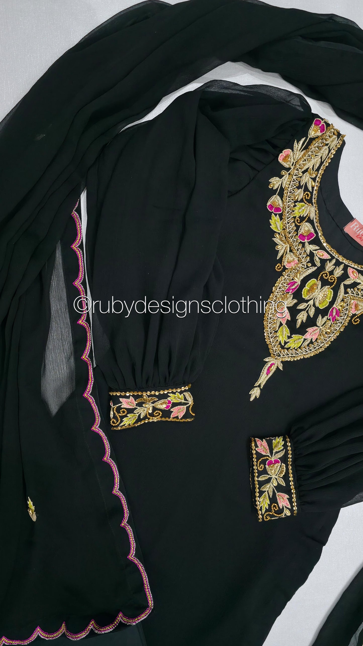 MISSING ITEMS (TROUSER and SCARF) - SERENE Black - Luxury 3 Piece Chiffon Suit with Farshi Shalwar