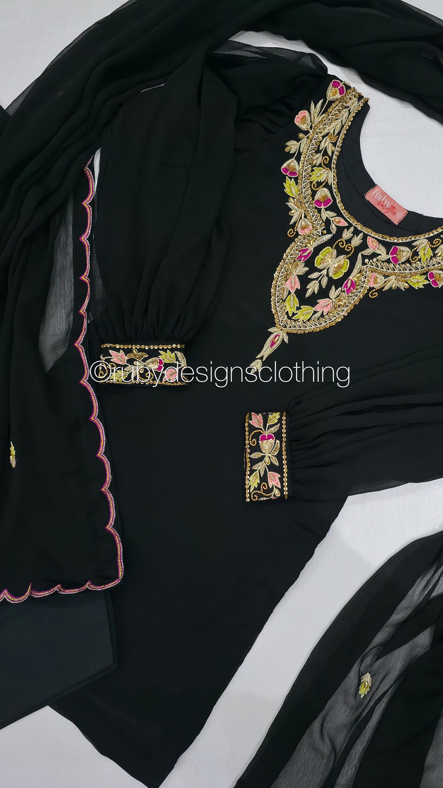 MISSING ITEMS (TROUSER and SCARF) - SERENE Black - Luxury 3 Piece Chiffon Suit with Farshi Shalwar